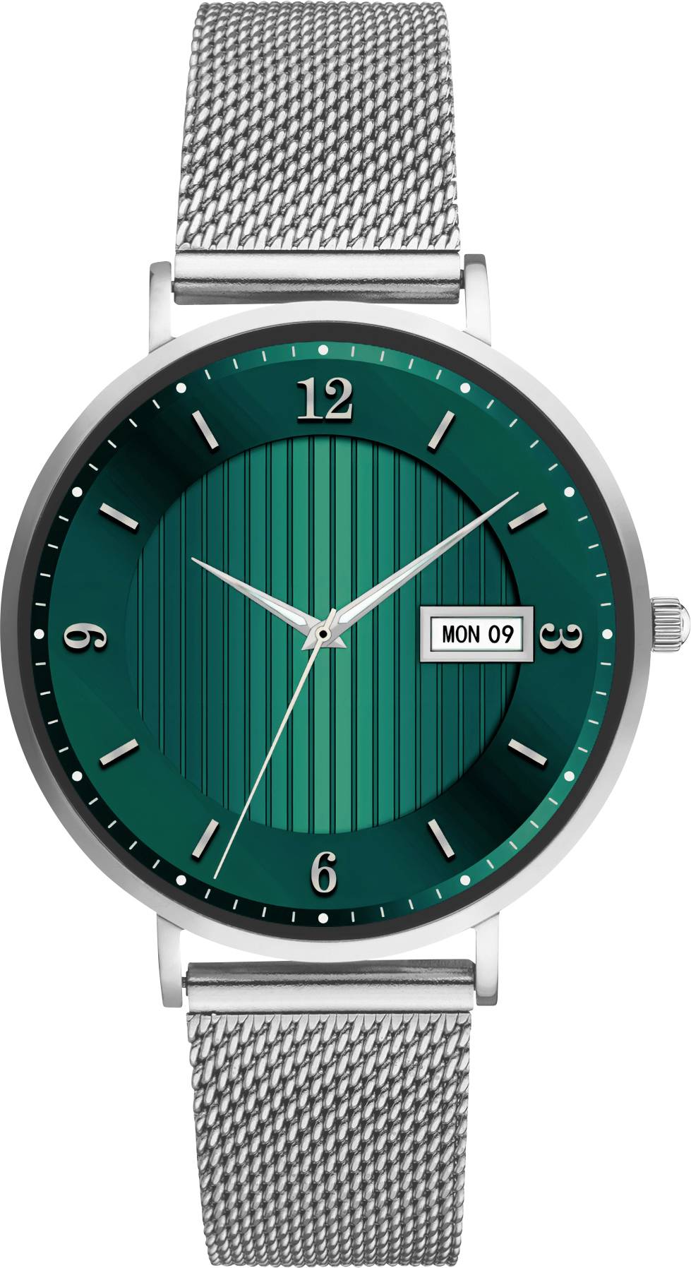Silver wristwatch with a green dial, white hands and date display; showing the time as 10:10 and the date as 'Mon 09'.