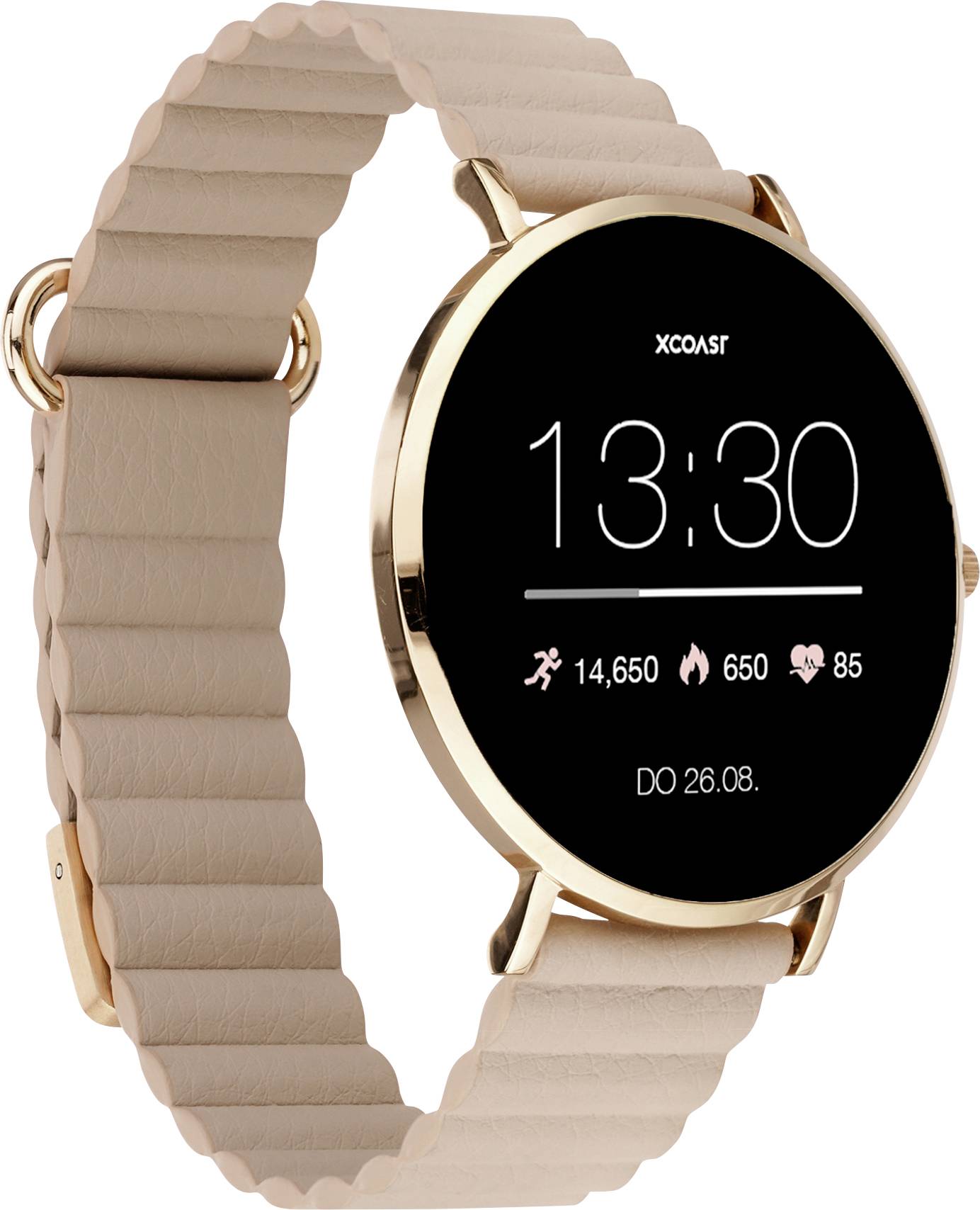 High-tech smartwatch with a round display shows time 13:30, steps 14,650, heart rate 65, calories burned 85. Date: 26/08.