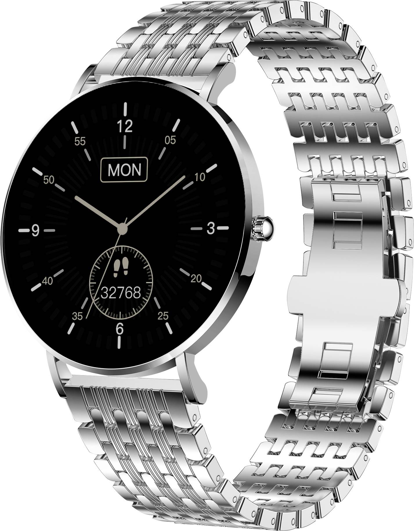 Silver wristwatch with a black dial displaying the time and date. Elegant, modern design.