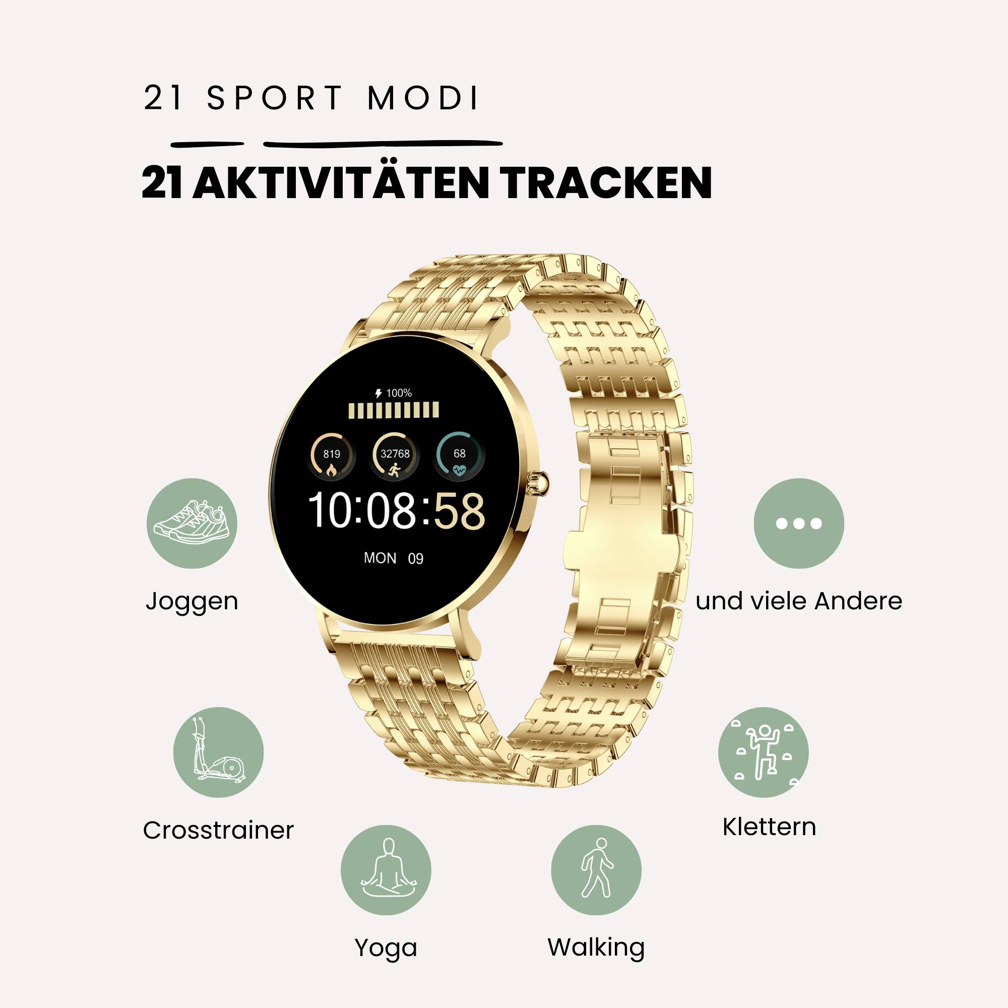 A golden smartwatch displays '00:58' on the screen, surrounded by icons for sports such as jogging, cross-trainer, yoga, walking, and climbing.