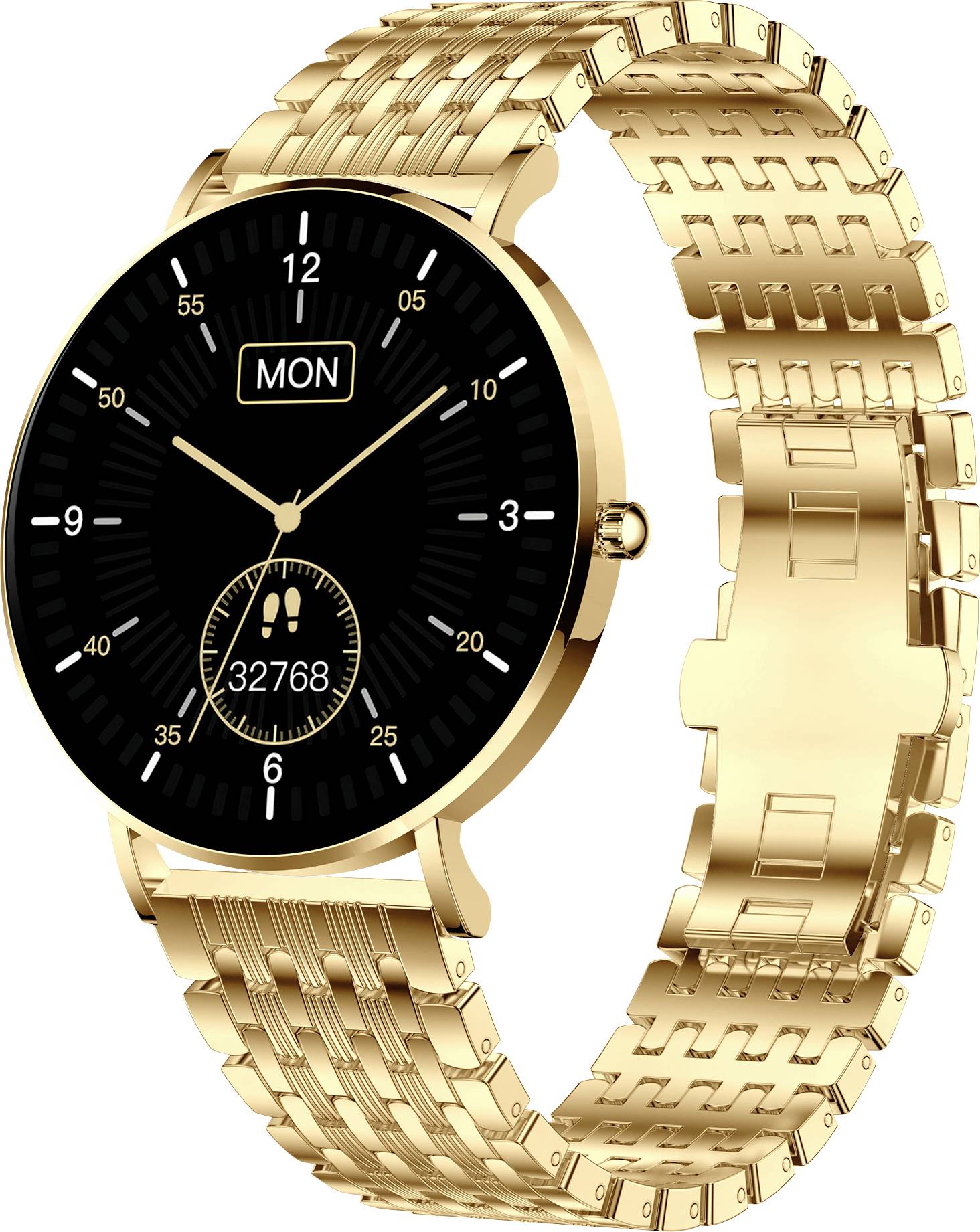 Golden wristwatch with a black dial, displaying the day 'MON' and a secondary display at the bottom. Luxurious design.