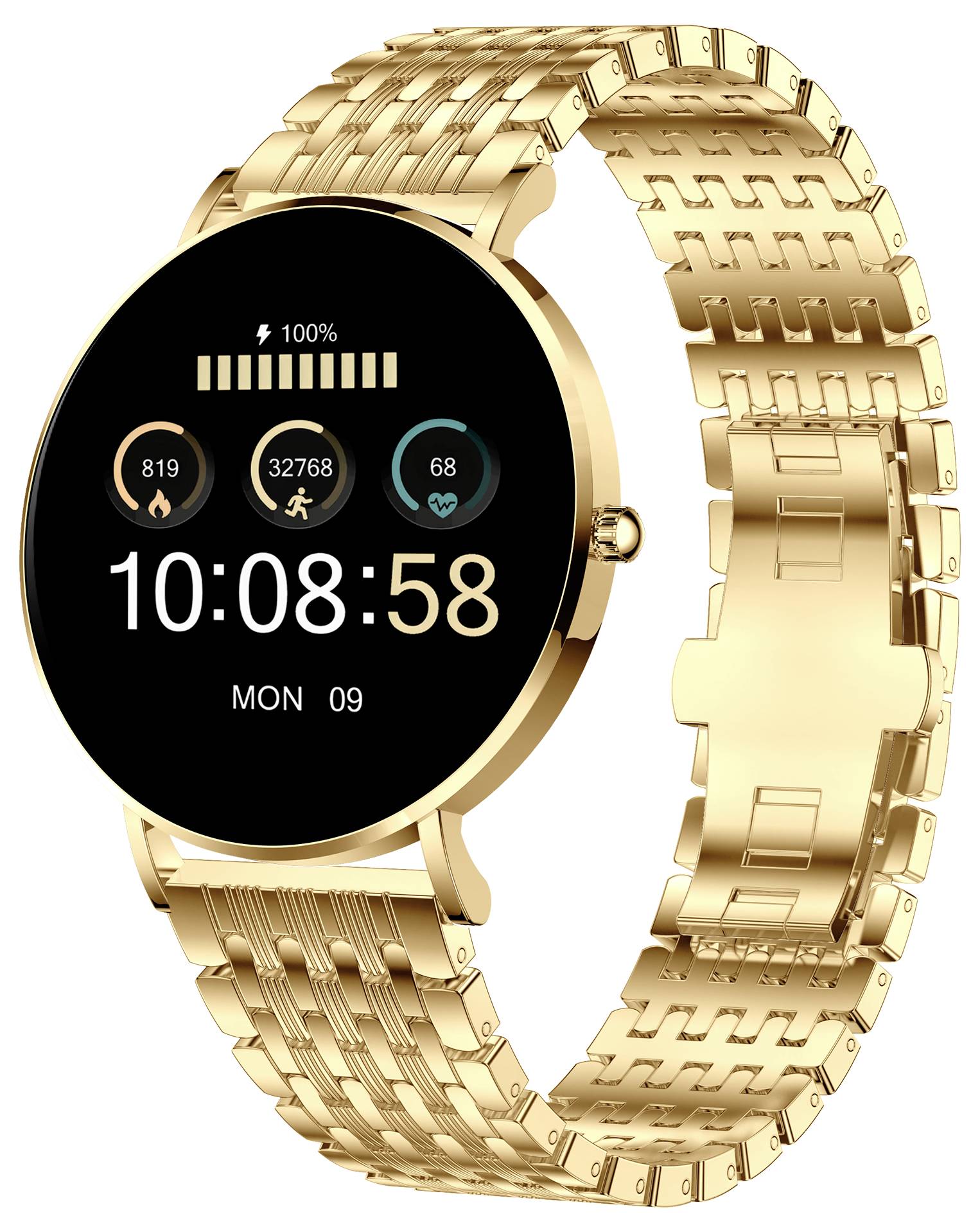 Golden smartwatch with a round dial. Shows time as 10:08:58, step count 32,768, heart rate 68 and Monday as the day.