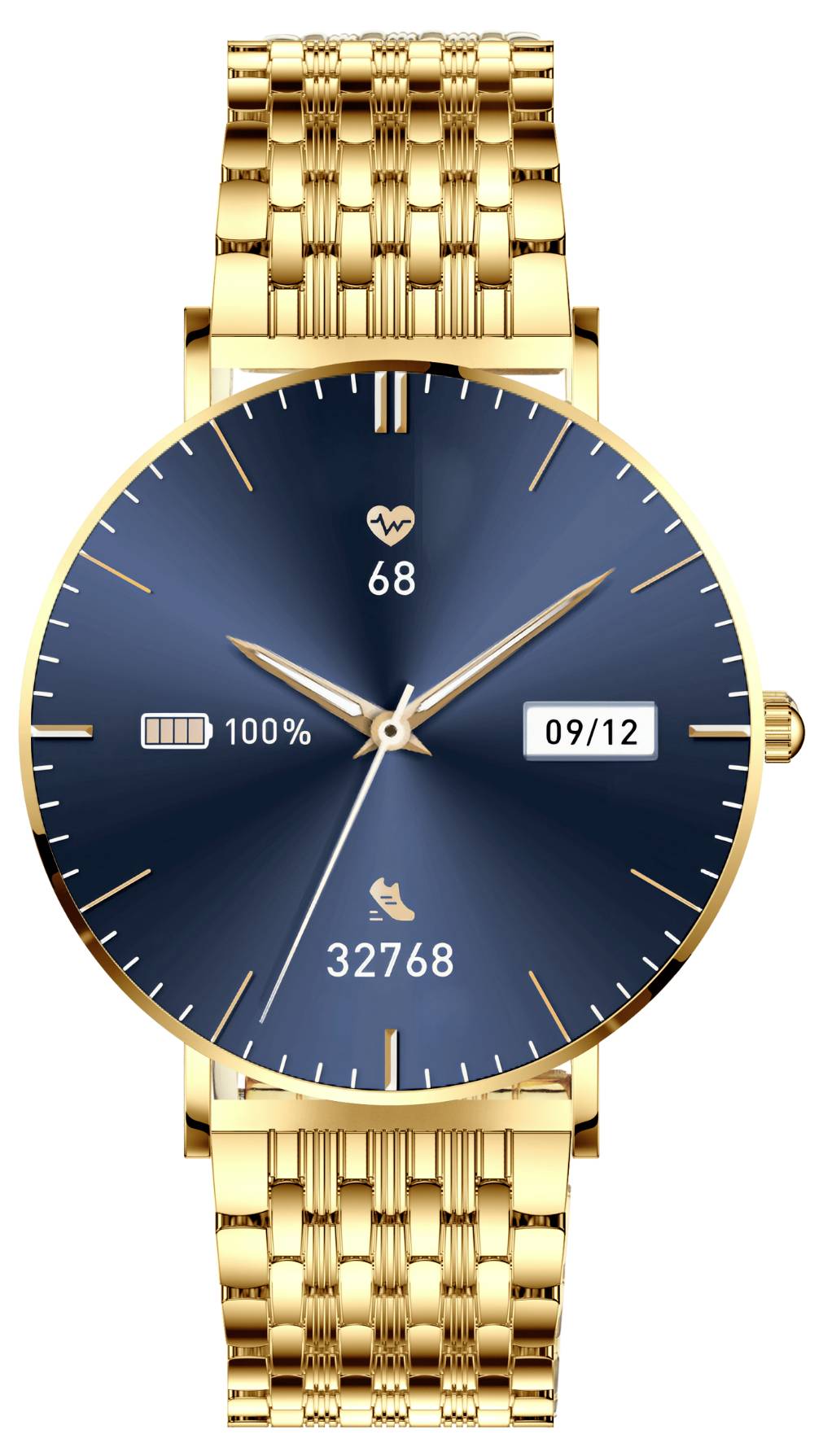 Golden, elegant wristwatch with blue dial. Shows date '09/12', heart rate '68', battery level 100%, step counter '32,768'.