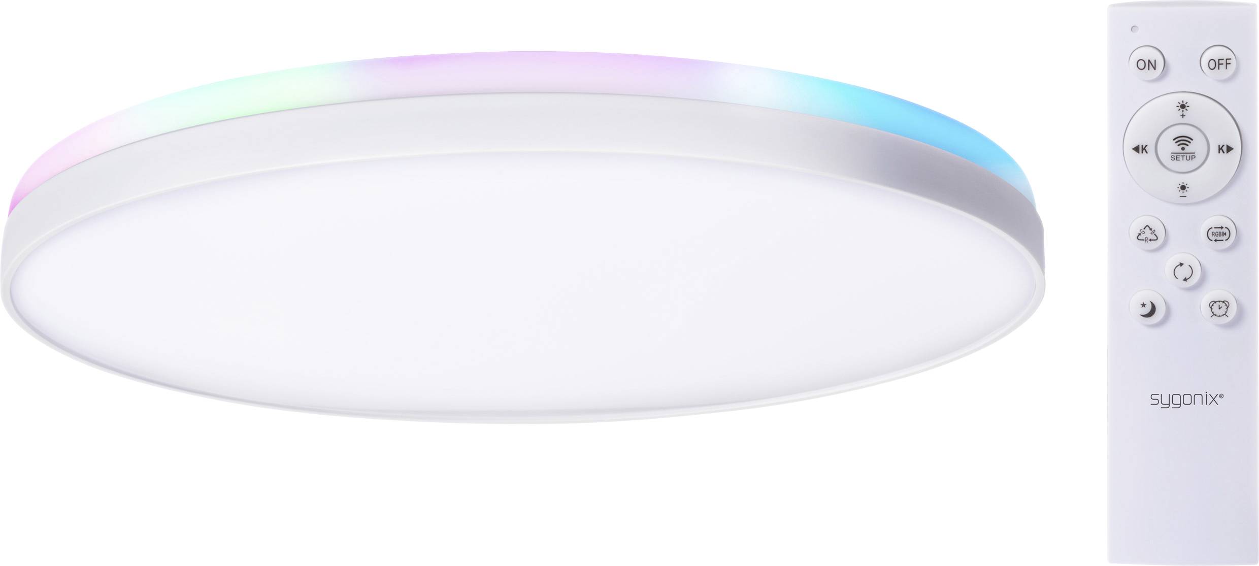 Ceiling LED light fixture with a remote control, featuring a circular design and multicolor edges. Remote includes power and color adjustment buttons.