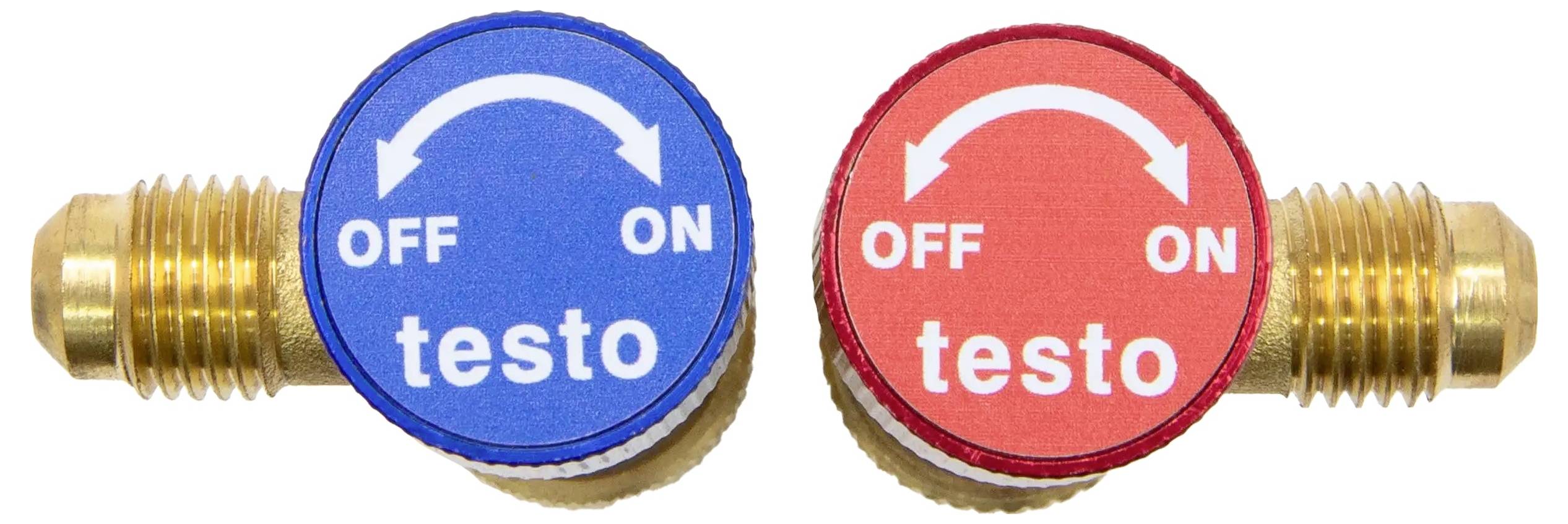 Two valve protection caps with labels: left blue 'OFF ON', right red 'OFF ON', both with the brand name 'testo'.