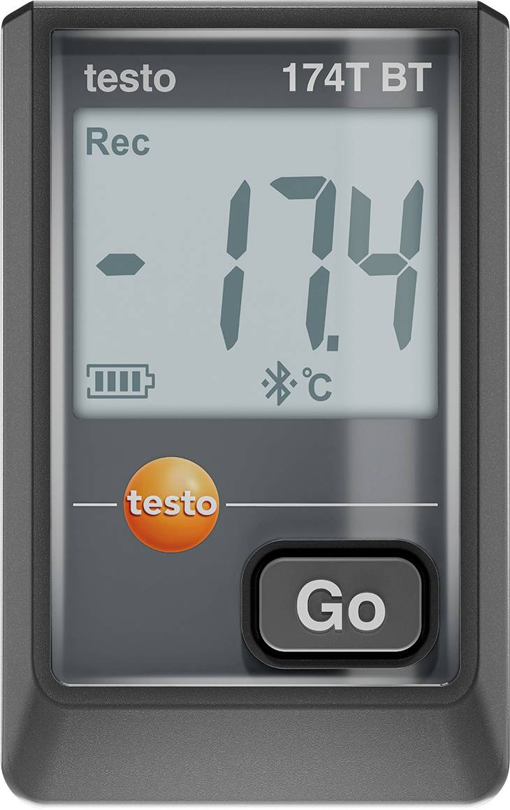 Digital temperature data logger displays '-17.4°C', battery level indicator, Bluetooth connection symbol and a 'Go' button.