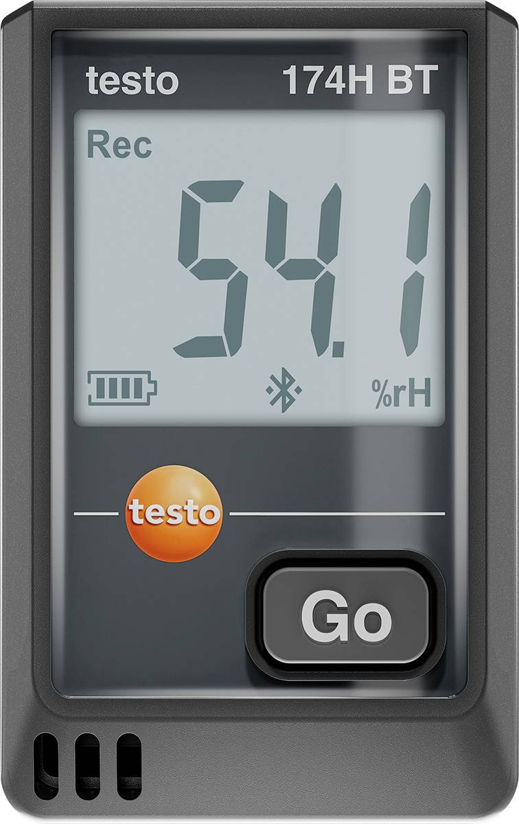 Digital temperature and humidity logger with display showing '54.1% rH', battery status indicator, Bluetooth symbol, and 'Go' button.