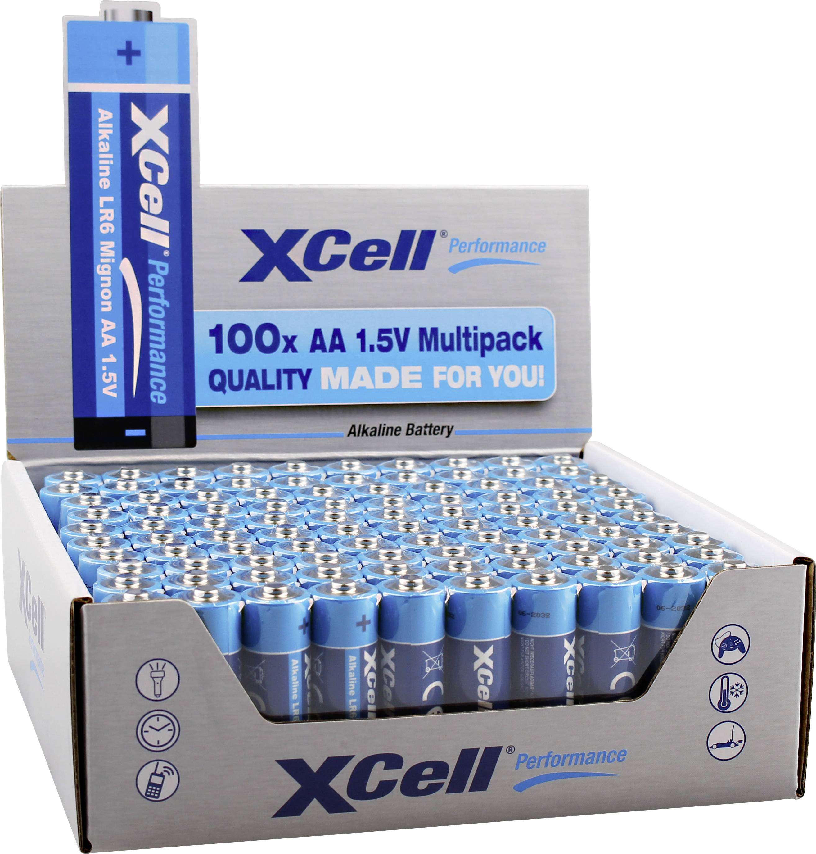An open box containing 100 blue AA alkaline batteries from the XCell brand. On the box it reads: '100x AA 1.5V Multipack'.