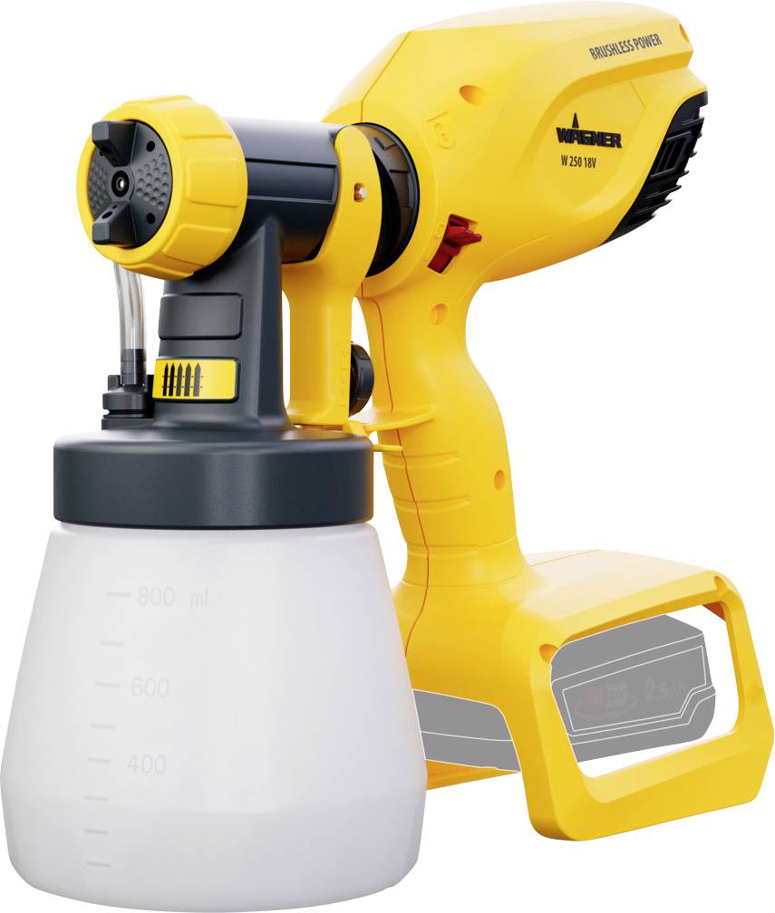 A yellow, electric spray device with a white liquid container, suitable for evenly applying liquids to surfaces.