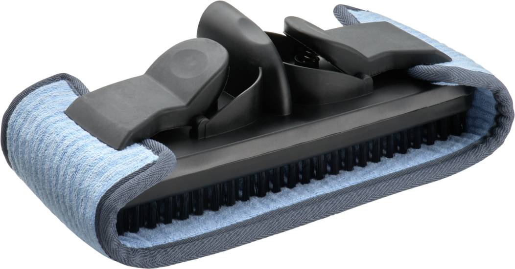 A black vacuum nozzle with blue microfibre covers that are removable. Ideal for cleaning furniture and delicate surfaces.
