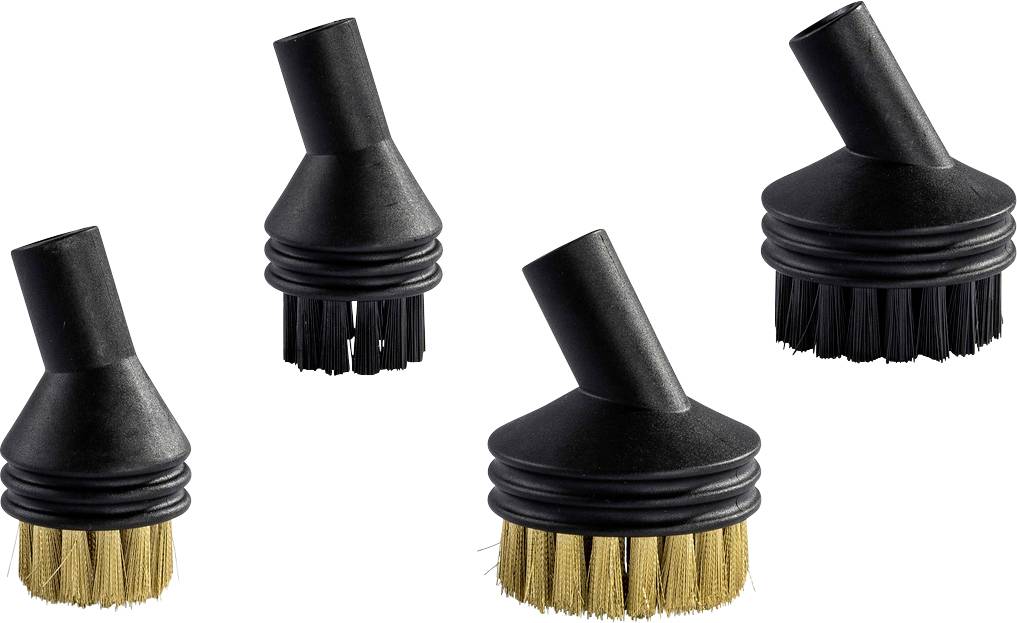 Four black vacuum cleaner brushes with different bristle arrangements, used for various cleaning purposes.