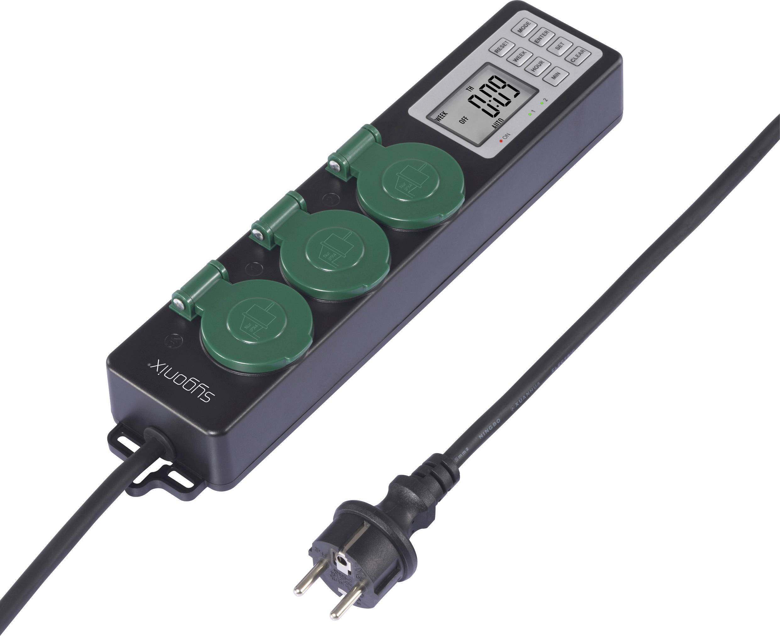 Sygonix SY-6786454 Weatherproof power strip (+ timer) 3x Black, Green PG connector 1 pc(s)