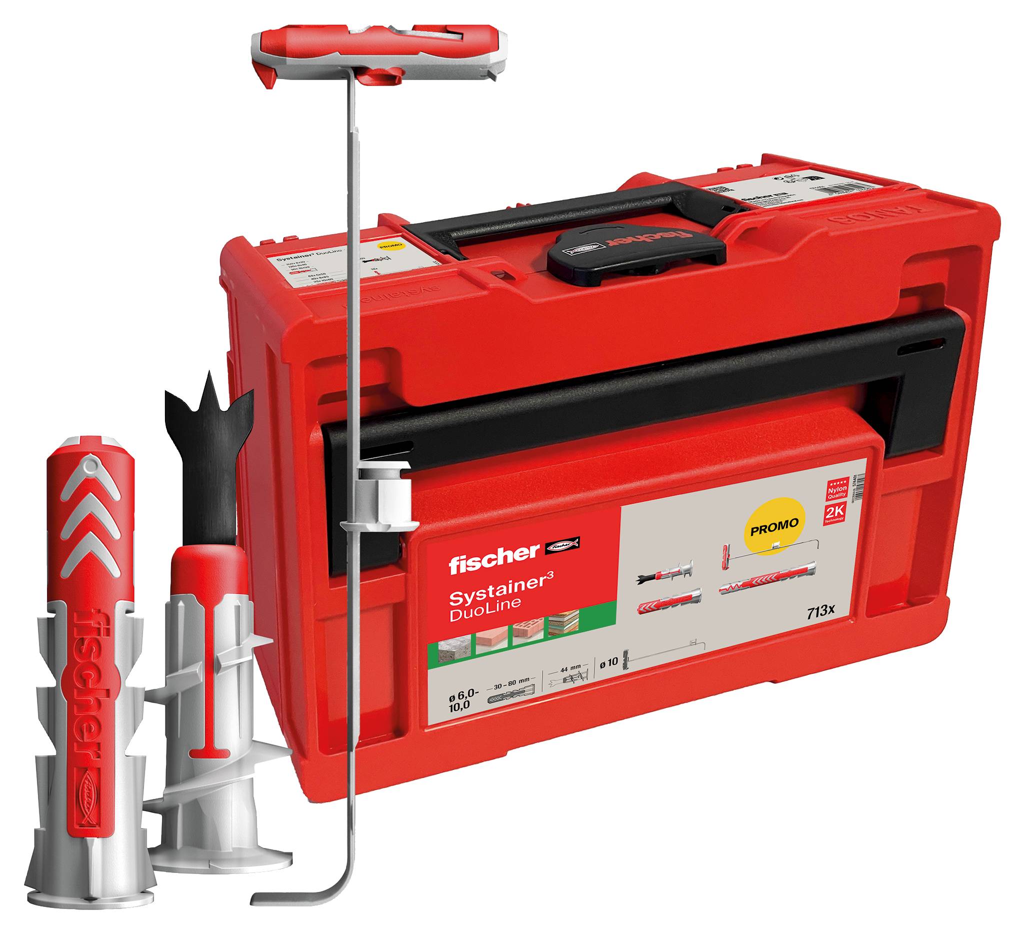 Red toolbox labeled 'fischer Systainer DuoLine 713X' with drill bits and a tool, suggesting a professional tool set for construction or repair tasks.