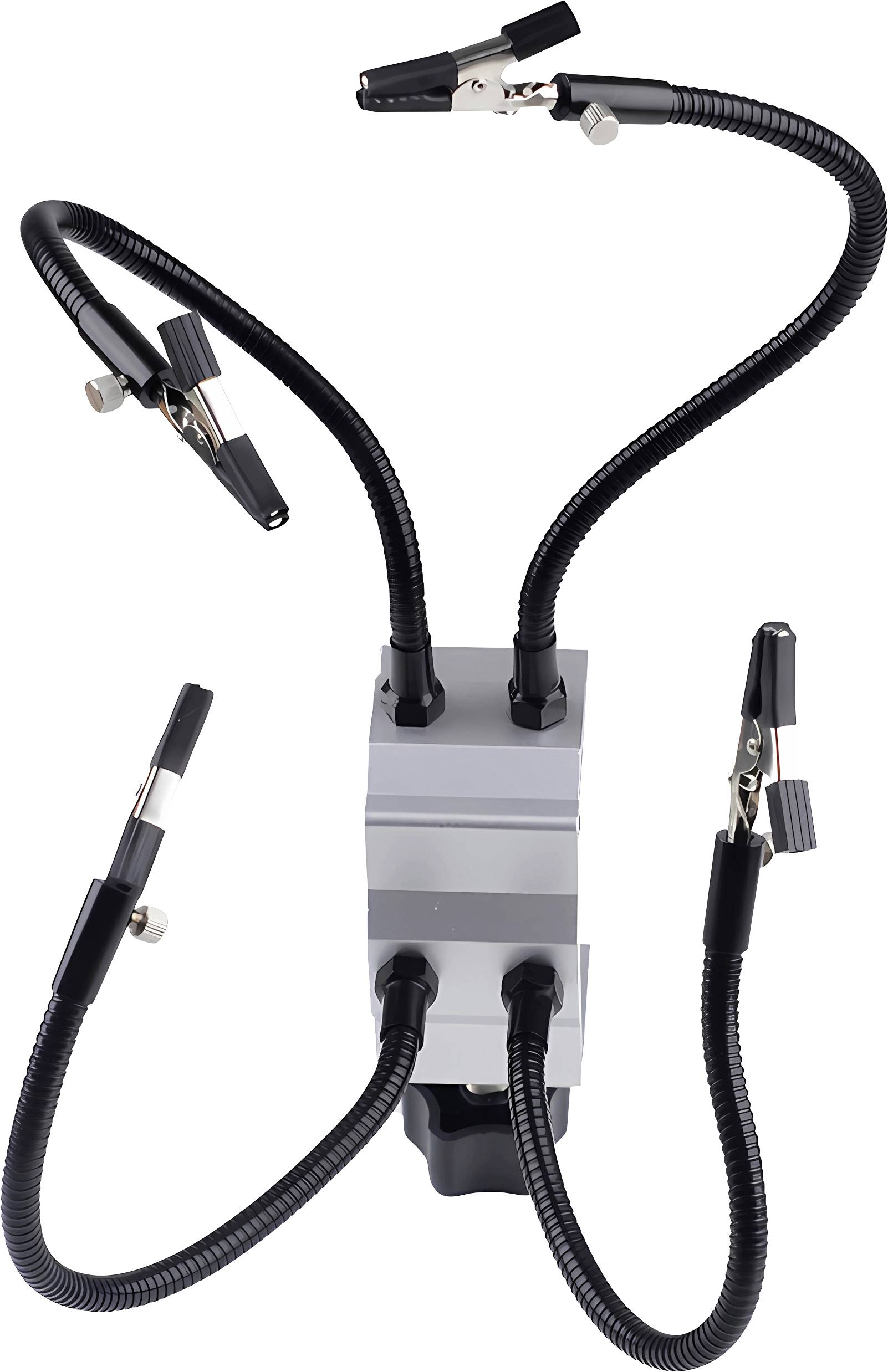 A robust metal block with four flexible arms, each fitted with an alligator clip at the end, provides versatile holding options for workpieces.