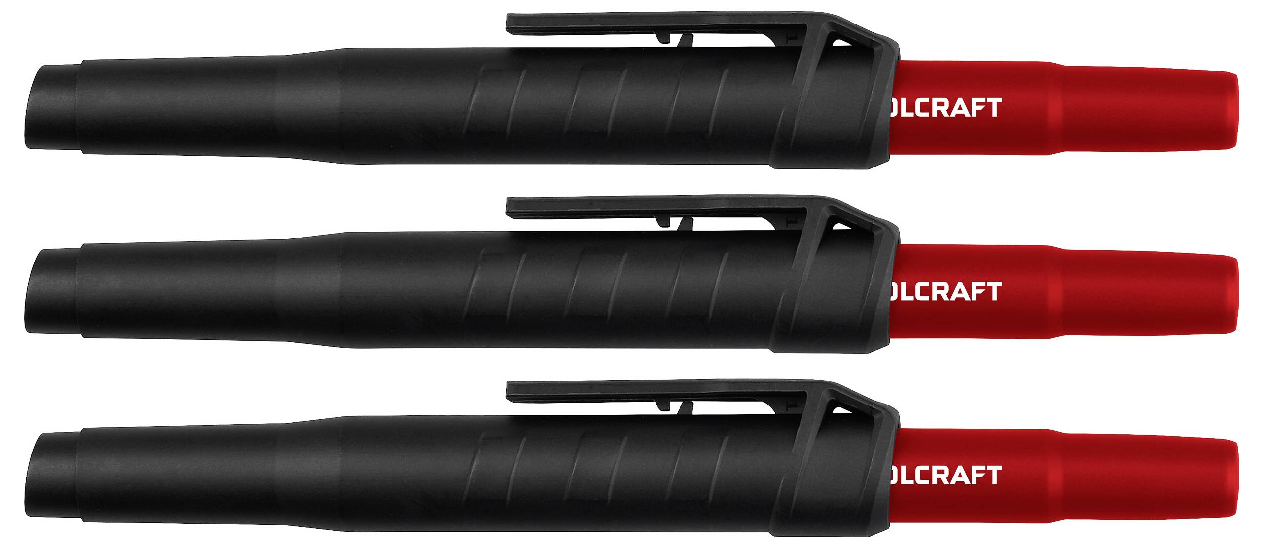 Three black pens with red mouthpieces and the inscription 'OOLCRAFT'.