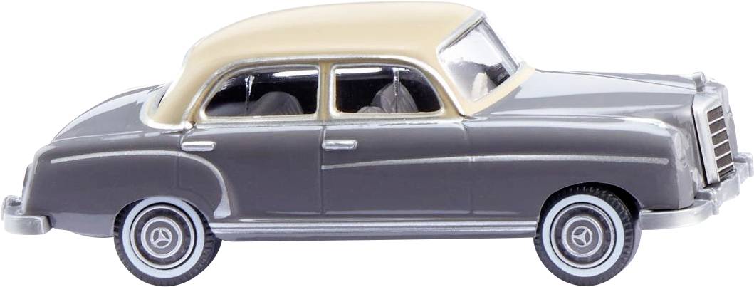 Model car of a classic grey car with a beige roof, side detailed view.