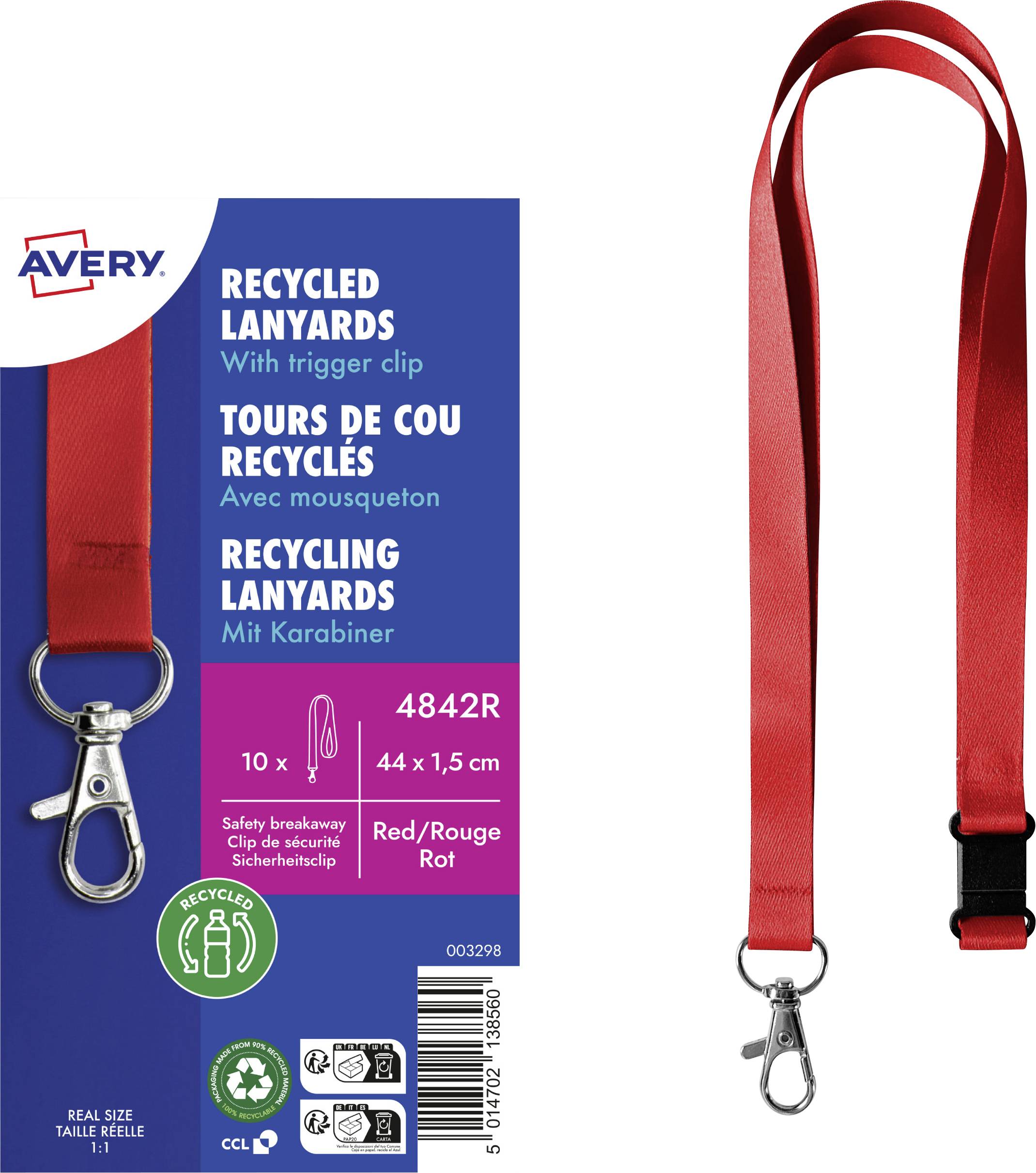 'Recycled Lanyards with Trigger', includes carabiner, 10 pieces, size 44x1.5 cm, colour Red. Contains safety and recycling guidance.