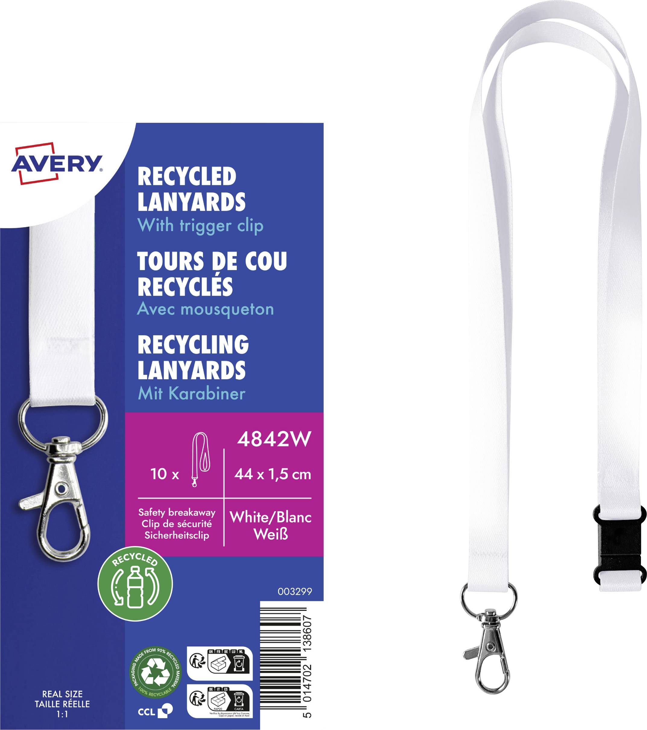 Label shows 'Recycled Lanyards' with carabiner hook, size 44 x 1.5 cm, white, pack of 10. Includes safety clasp.