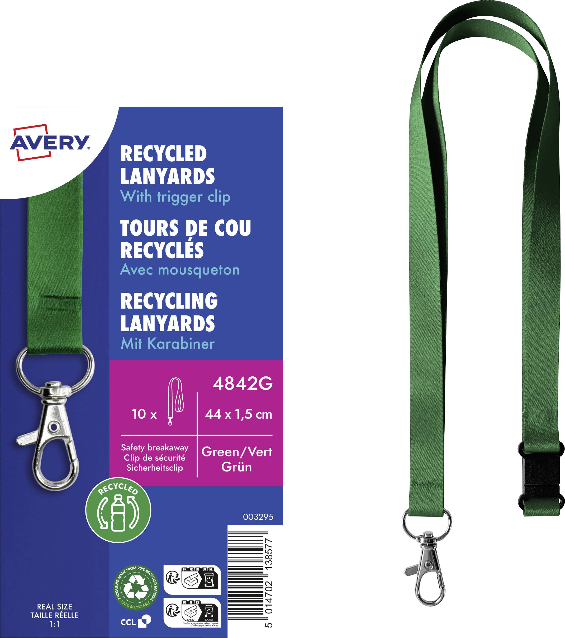 Green lanyard with carabiner by Avery, 44 x 1.5 cm. Packaging provides information about safety clip, recycled material, item number 4842G.