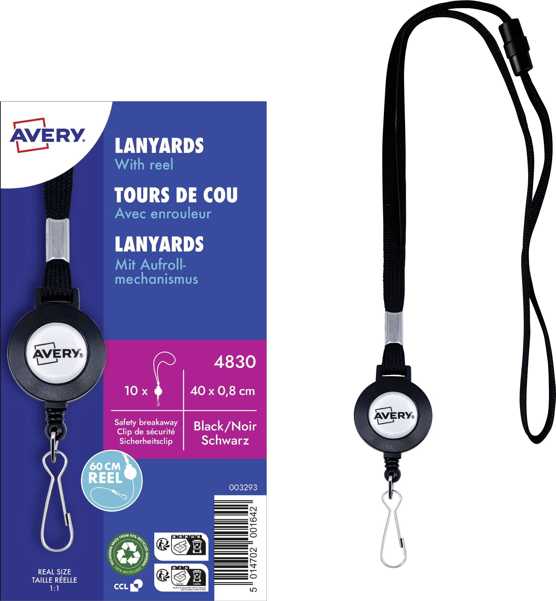 Avery lanyard with reel, product code 4830, features adjustable strap and metal clasp. Comes in black color, 40x0.8 cm size.