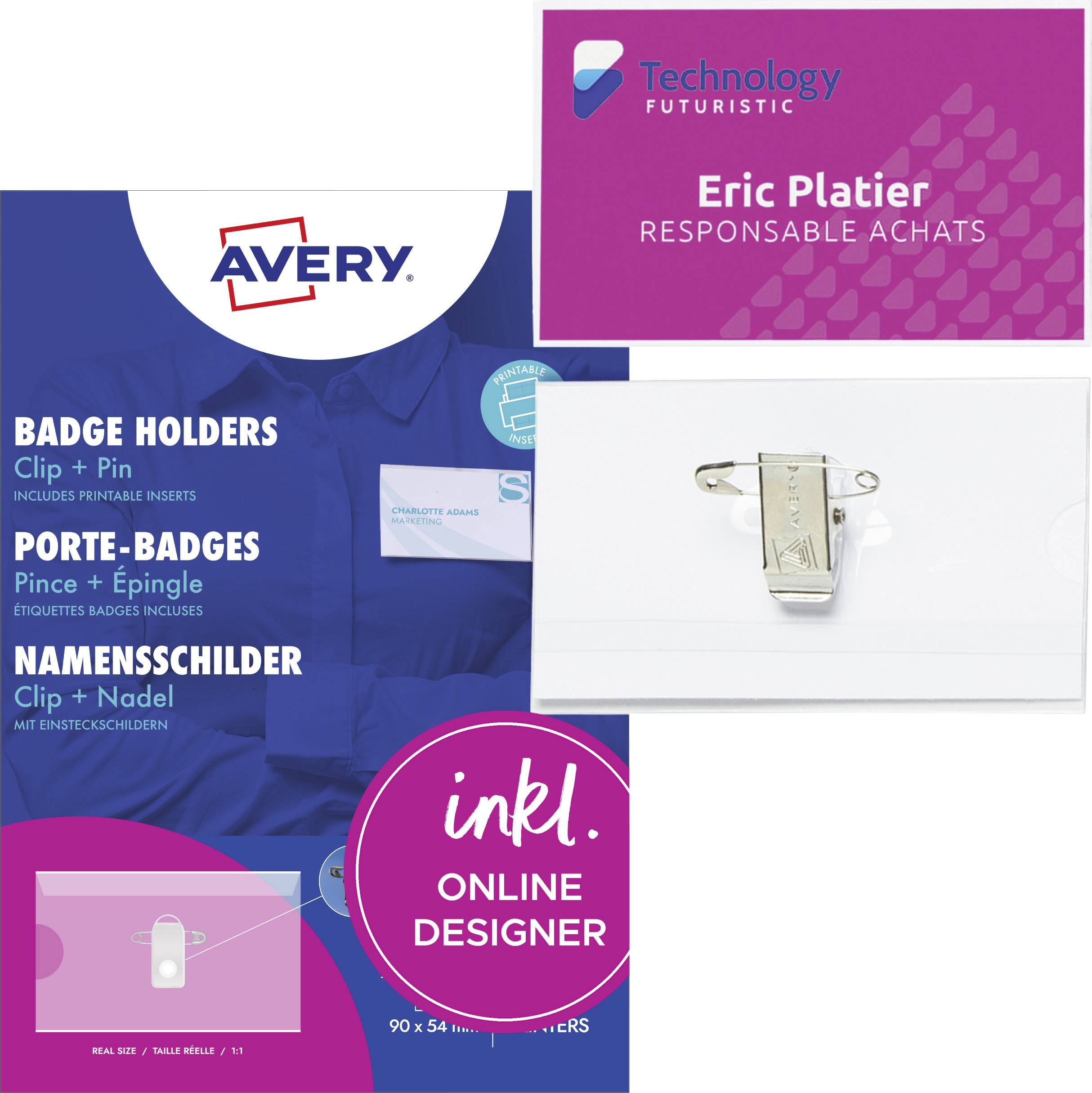 'Avery Badge Holders' packaging with clip and pin details. Includes a sample badge for 'Eric Platier, Responsable Achats' from 'Technology Futuristic.'