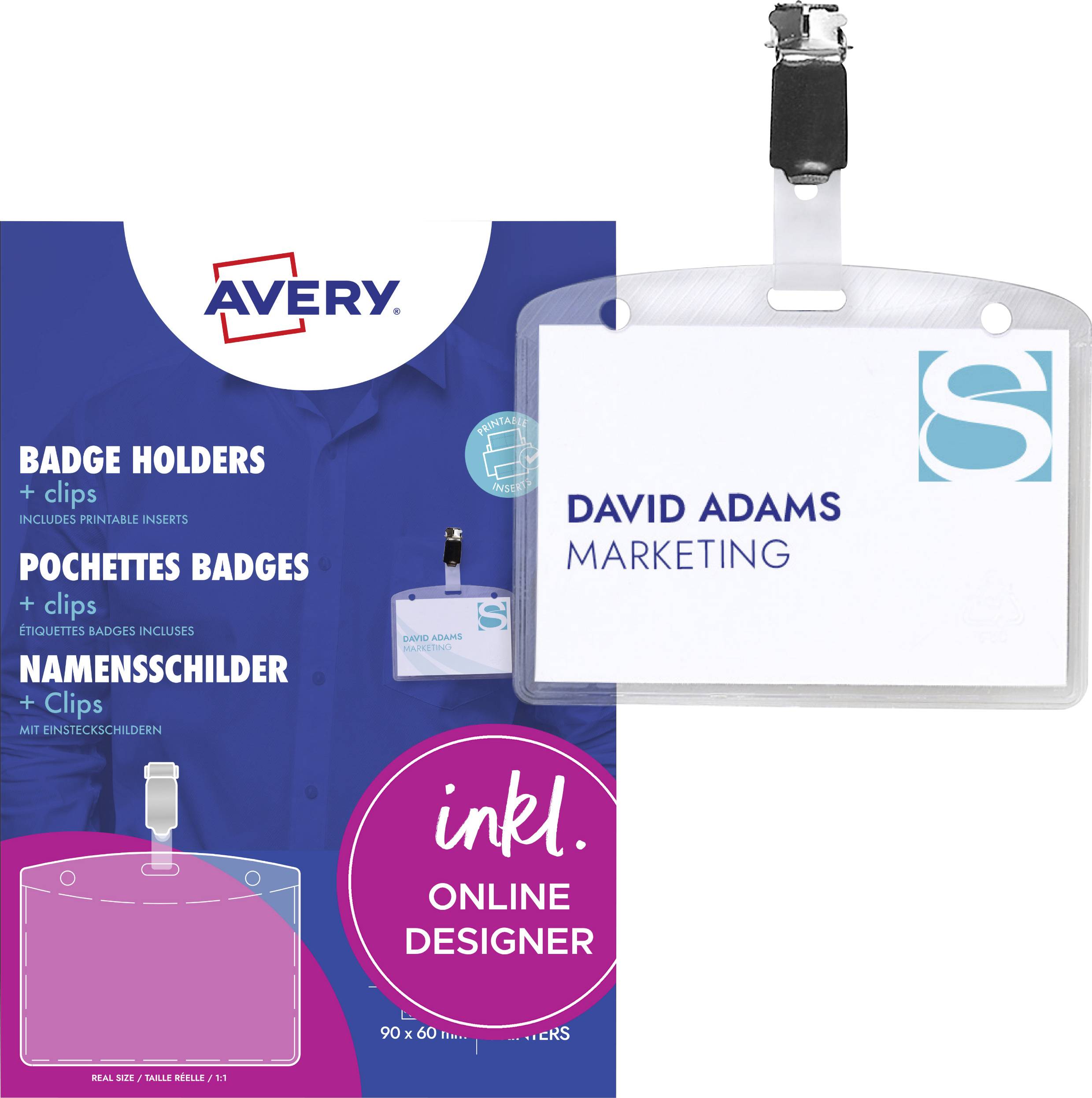 'Badge Holder with clip' packaging featuring a sample badge labeled 'DAVID ADAMS MARKETING', with online design feature highlighted.