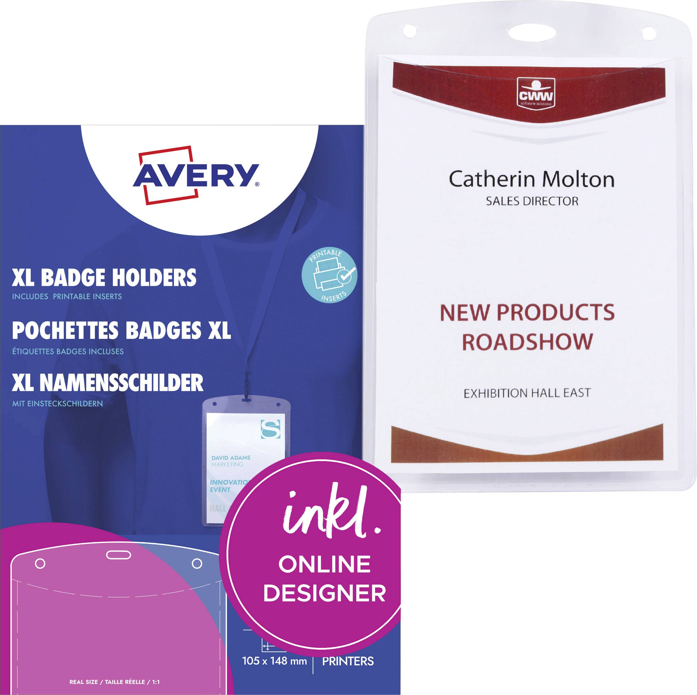 'Avery XL Badge Holders and Pochette Badges XL' packaging, featuring a sample badge with 'Catherin Molton, Sales Director, New Products Roadshow, Exhibition Hall East.'