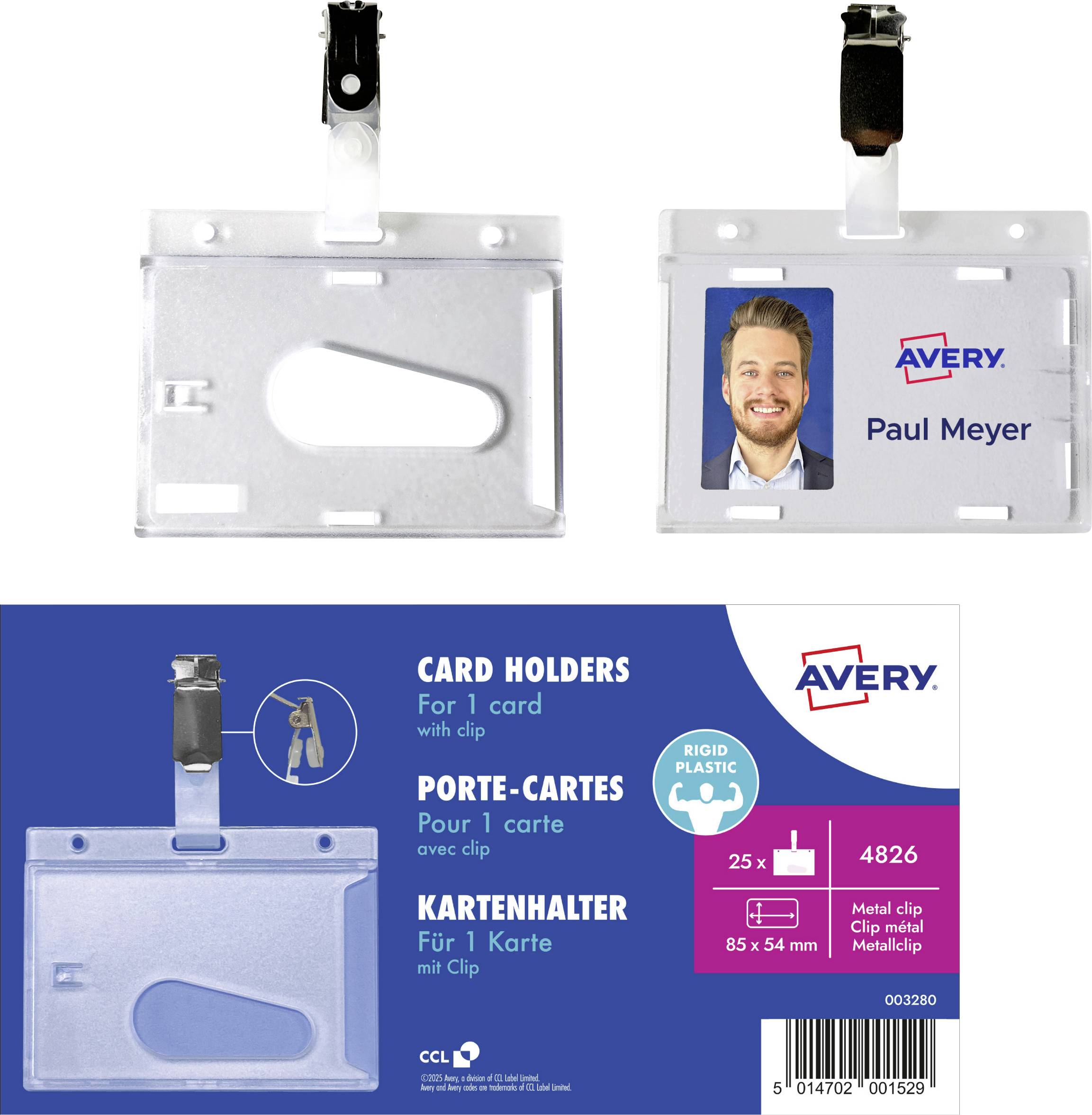 Card holder package with clip, fits one card, Avery brand, product code 4826, multilingual text in English, French, and German.