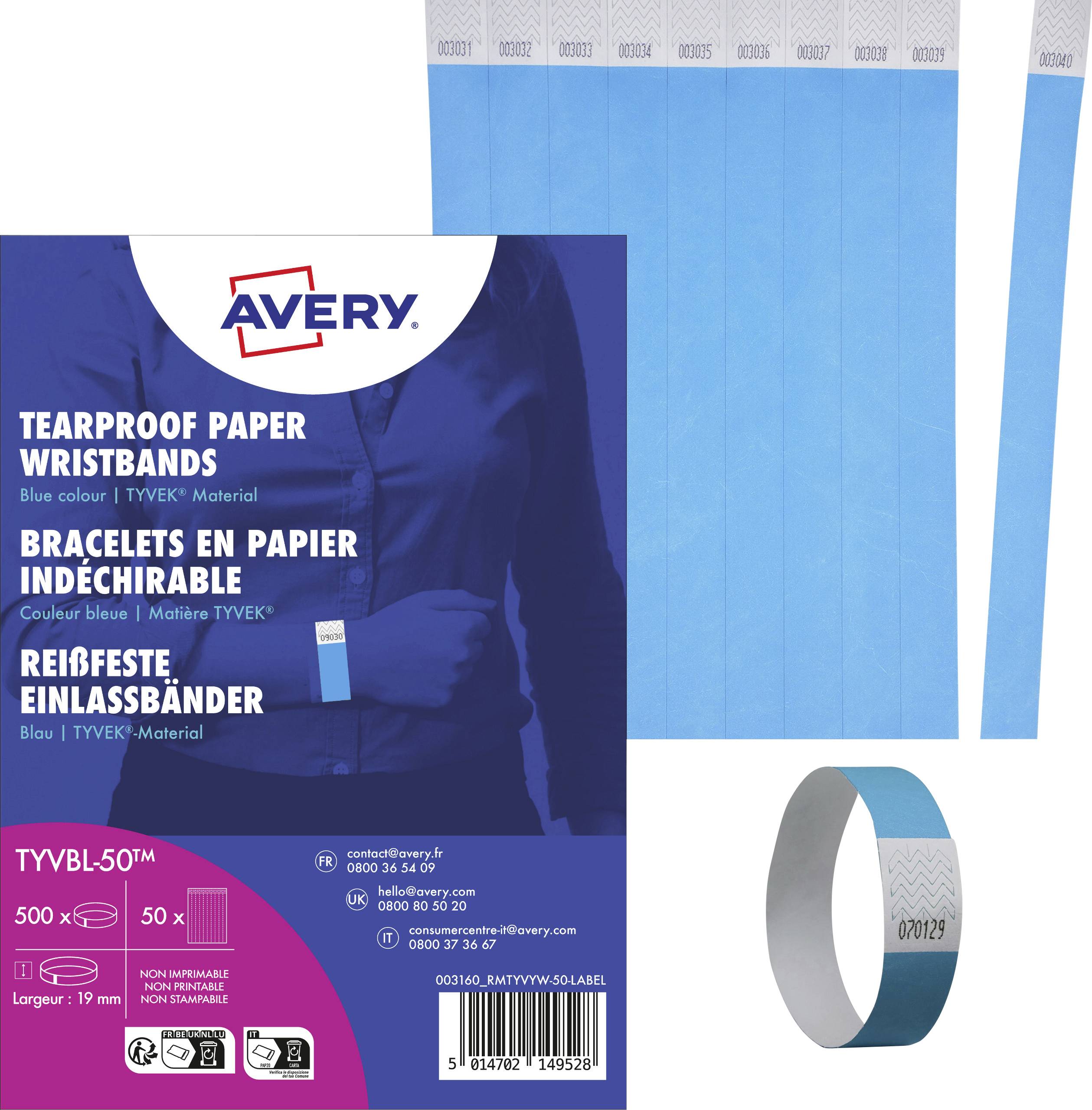 Packaging Reverse of Avery Tear-Resistant Entry Wristbands. Details in Multiple Languages: Blue, TYVEK, 500 Pieces.