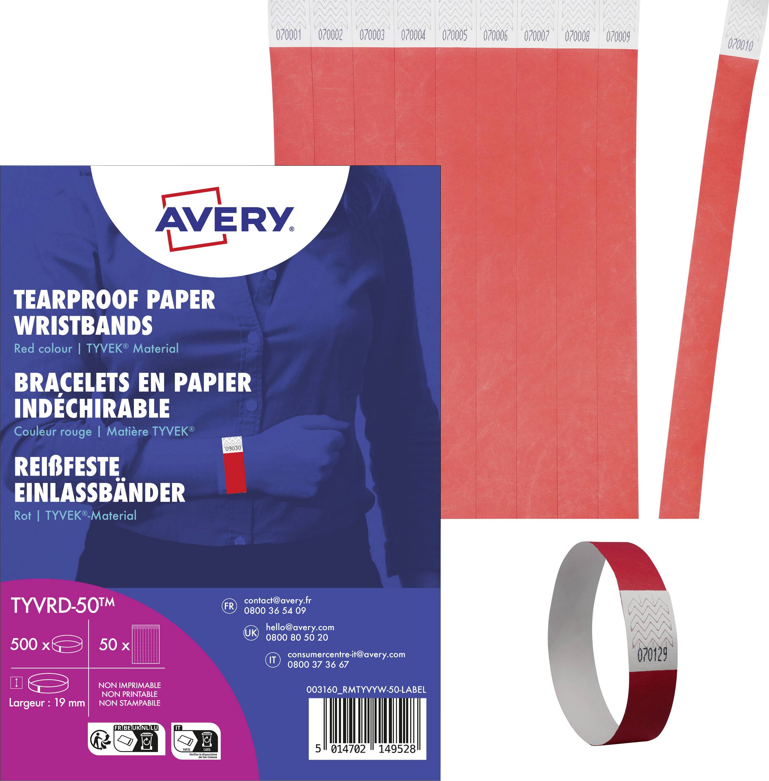 Label for tear-resistant admission wristbands made from red TYVEK material by Avery. Pack contains 500 pieces. Website: www.avery.eu.
