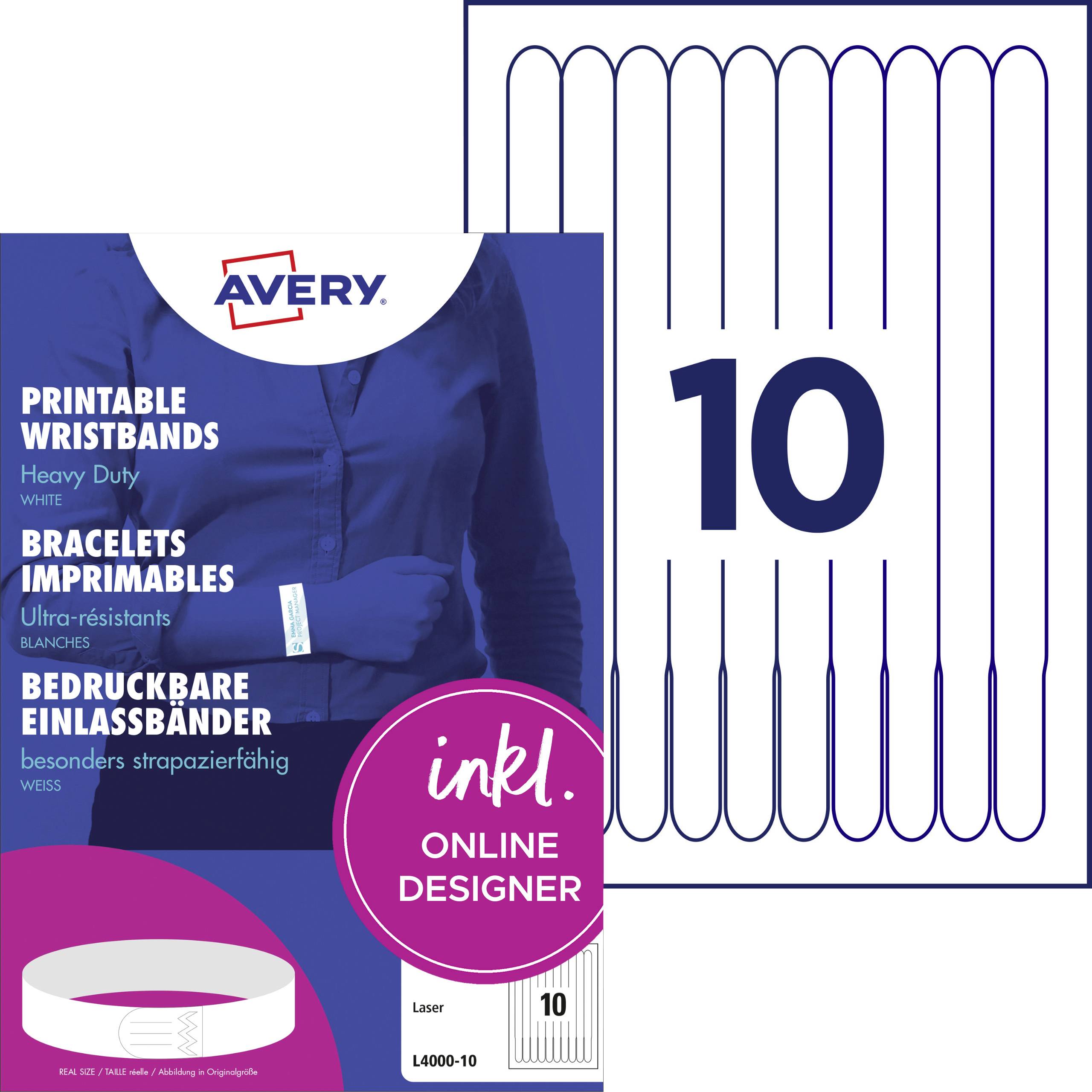 Printable white wristbands packaging with 'inkl. Online Designer' in pink. Displayed wristband has '10' in blue, indicating quantity.