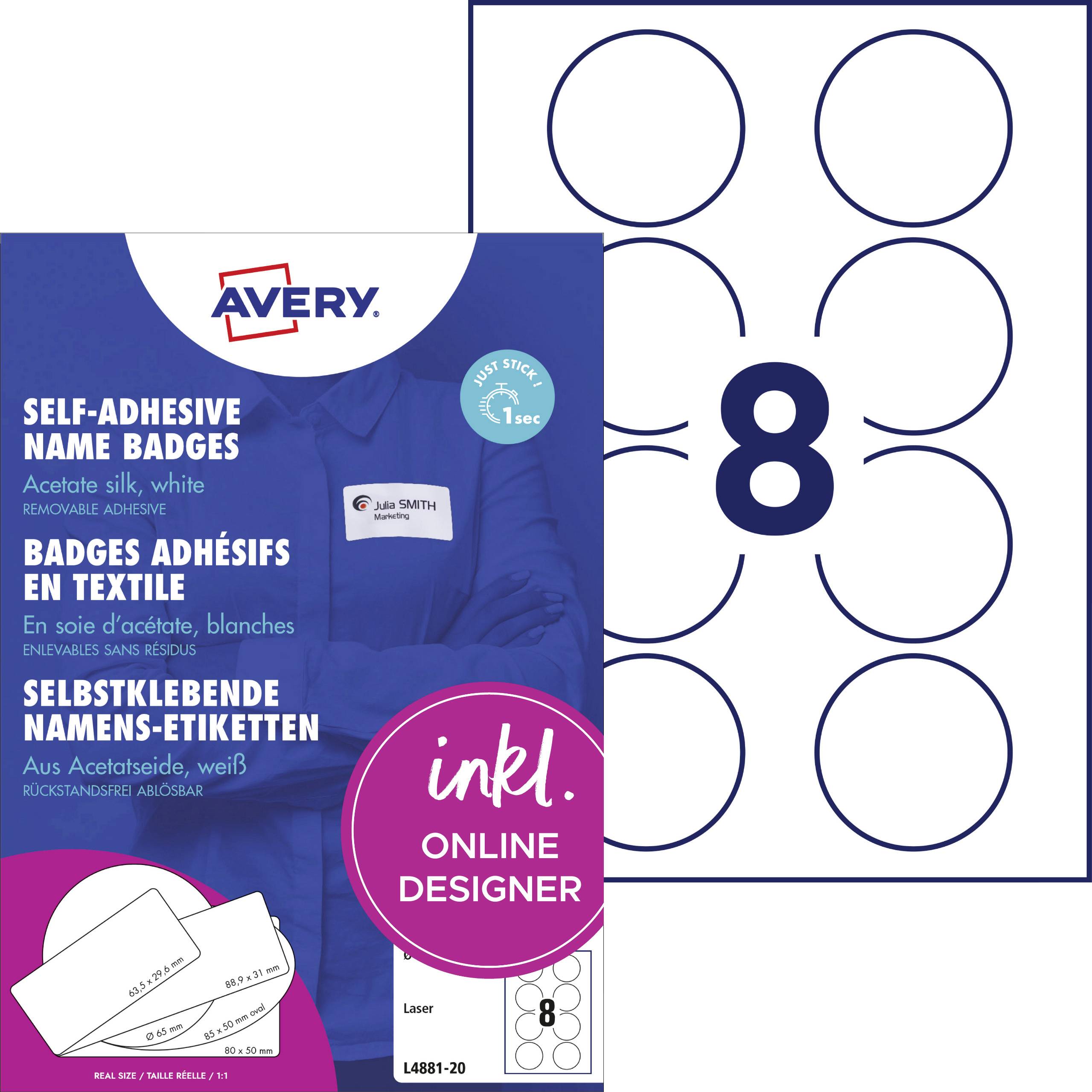 Package of self-adhesive name badges with 8 badges per sheet and 'ink. ONLINE DESIGNER' text; available in English, French, German.