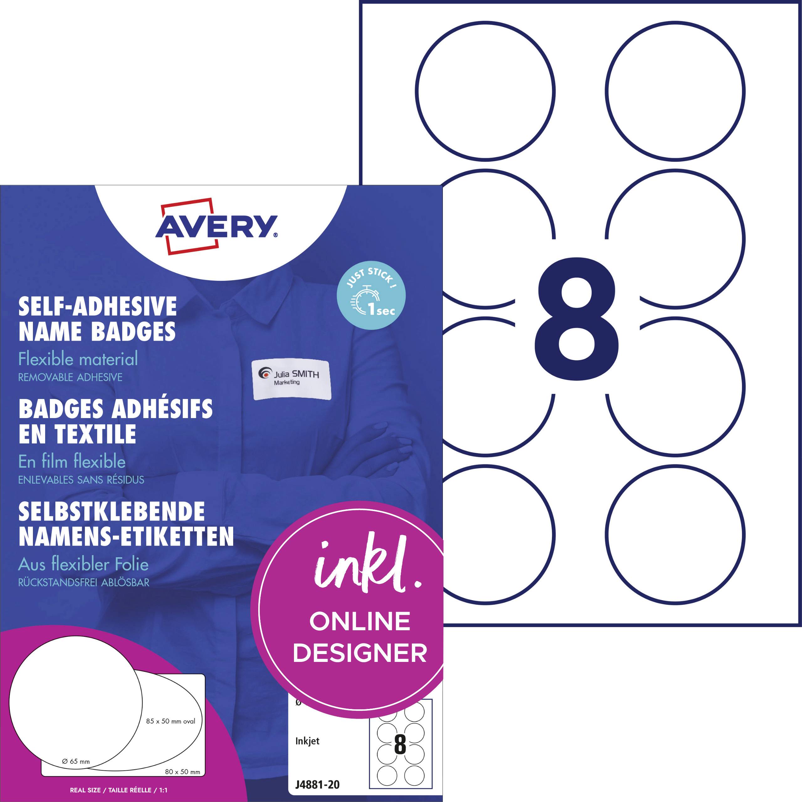 Avery self-adhesive name badges with online designer option, includes eight round badges per sheet, customizable for events.