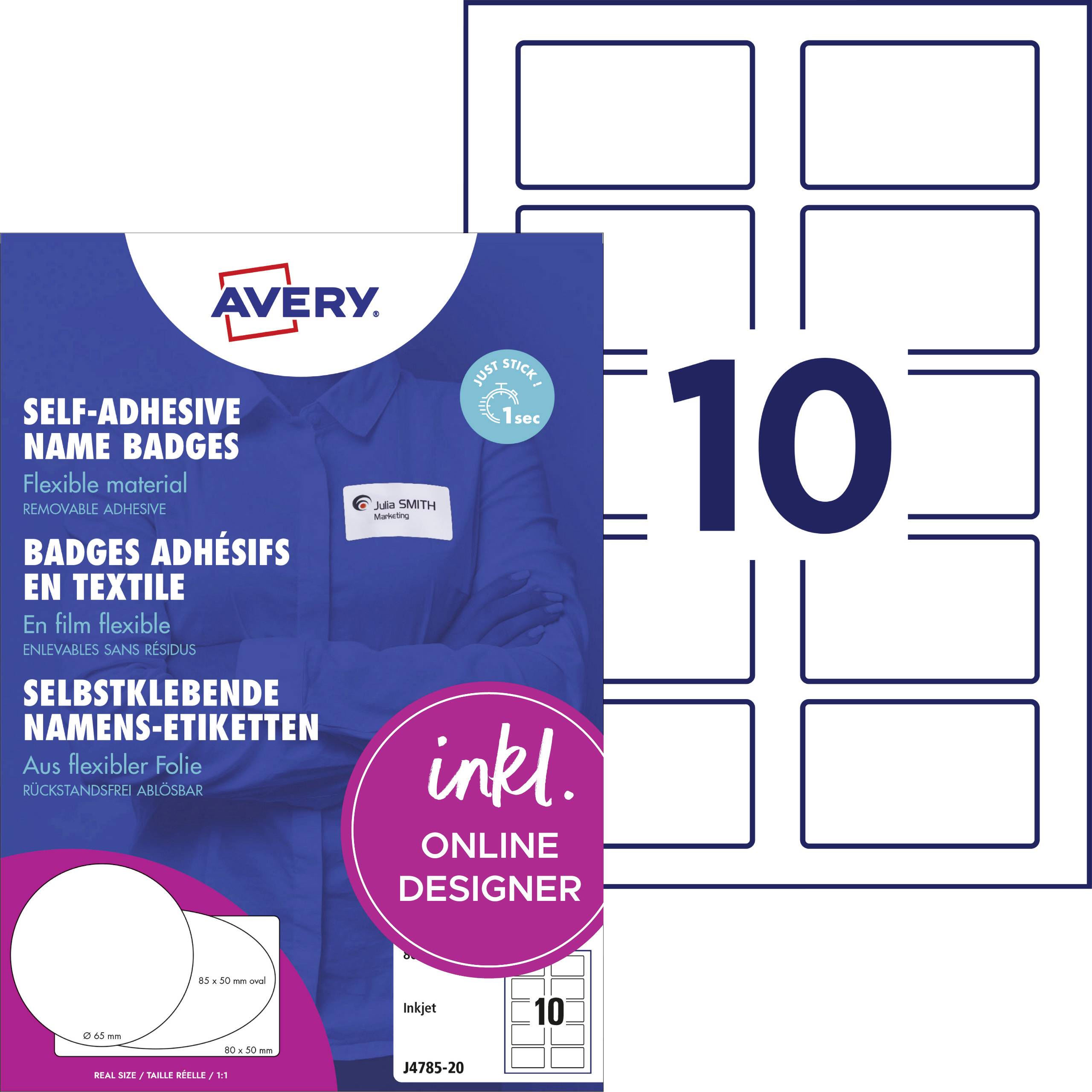 'Avery self-adhesive name badges, flexible material, 10 sheets per pack, includes online designer.' Image shows badge template layout.