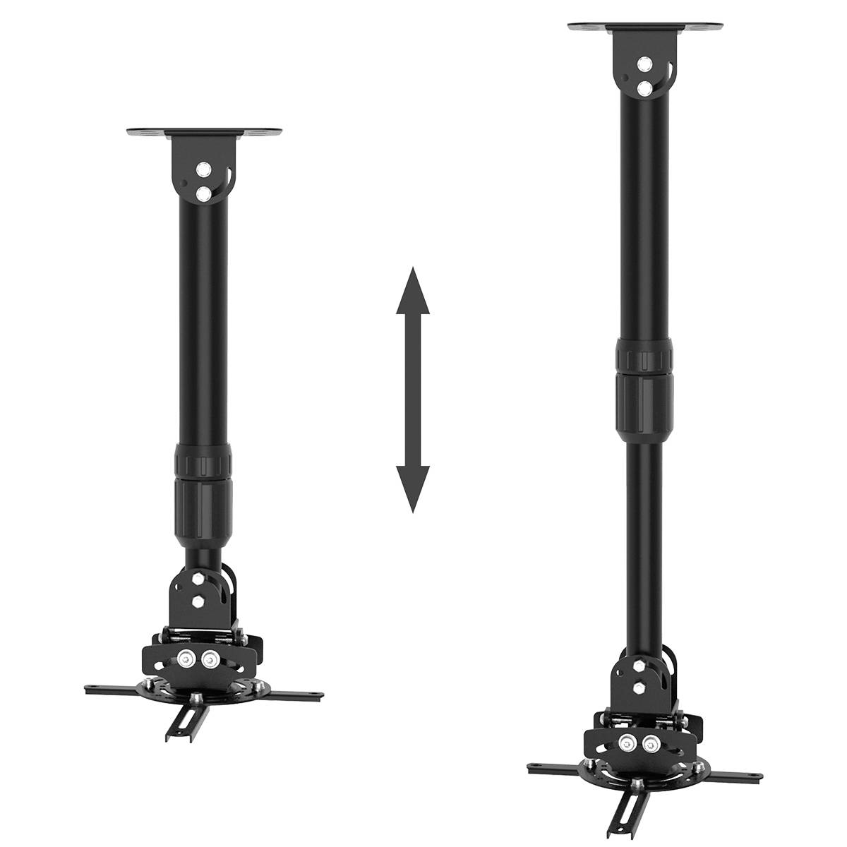 Two black ceiling mounts for projectors, one retracted, the other extended, with an arrow indicating height adjustment.