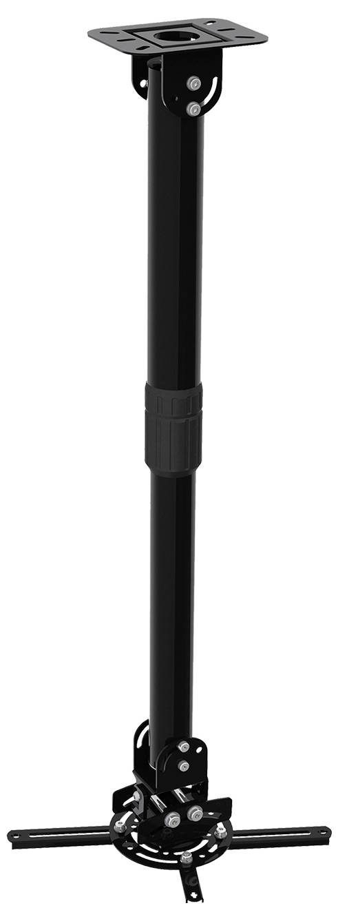 A black ceiling mount for projectors, with an adjustable rod and mounting points, suitable for installation on the ceiling.