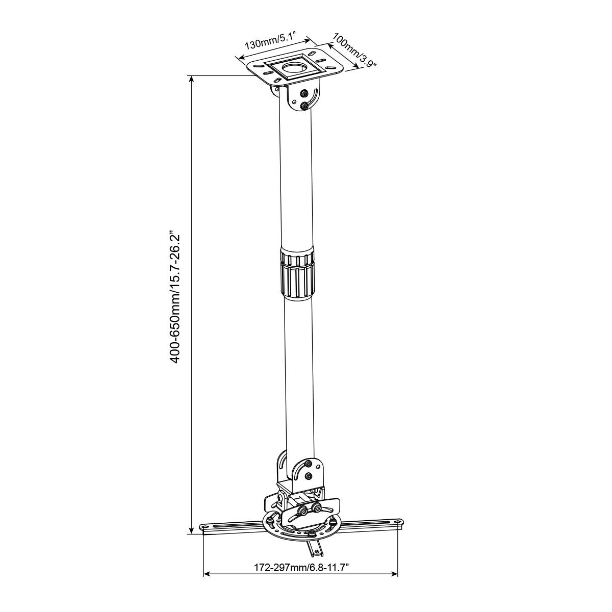 Height-adjustable projector mount with mounting plate and telescopic arm, extendable from 400-650mm, for ceiling installation.
