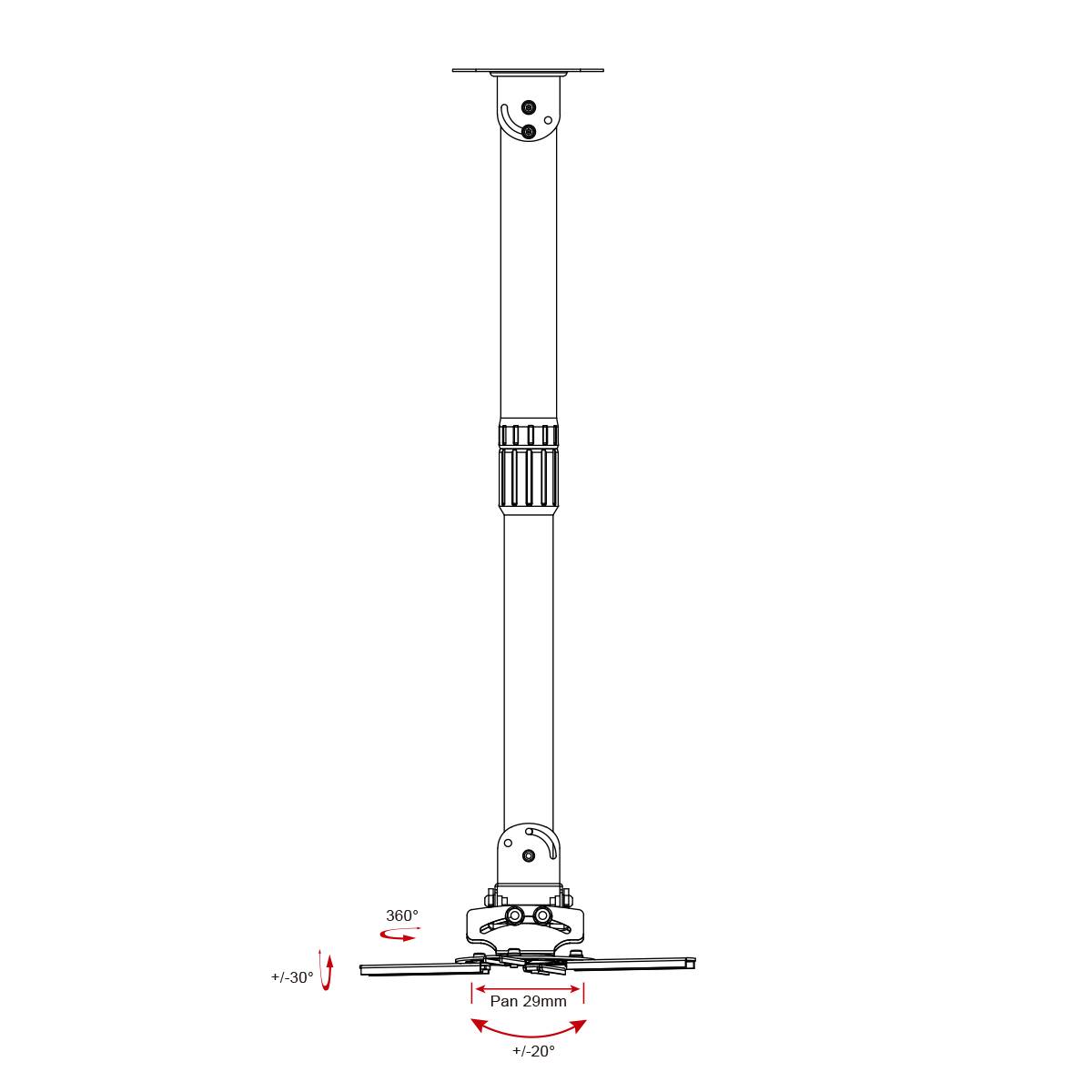 A ceiling mount diagram shows an installed pole with rotation and tilt functions. Markings for movement ranges are indicated.