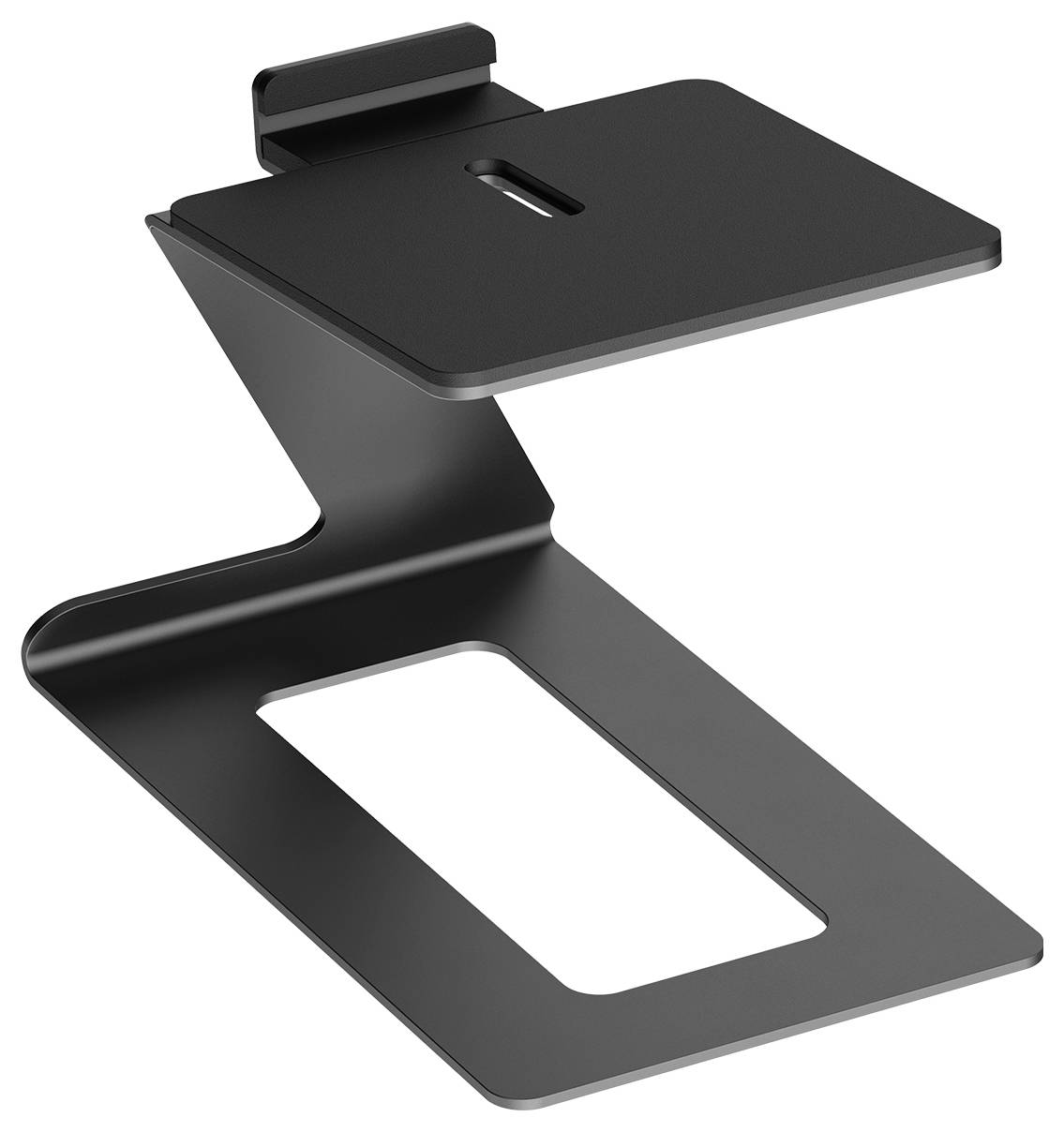 Black, Z-shaped metal stand with slots, suitable for a laptop or tablet, elegant and minimalist in design.