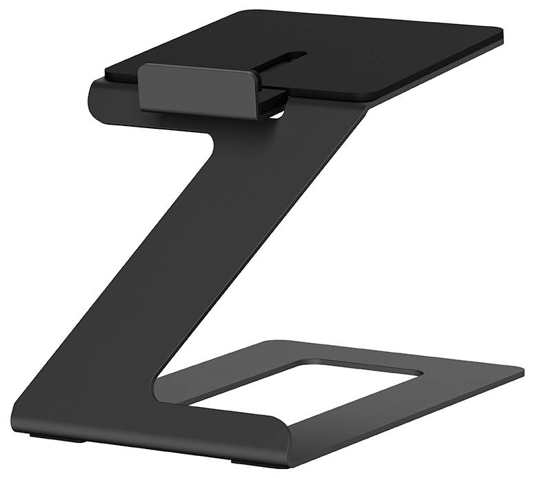 A black, z-shaped laptop stand with a minimalist design. It features an angled platform to support the device.