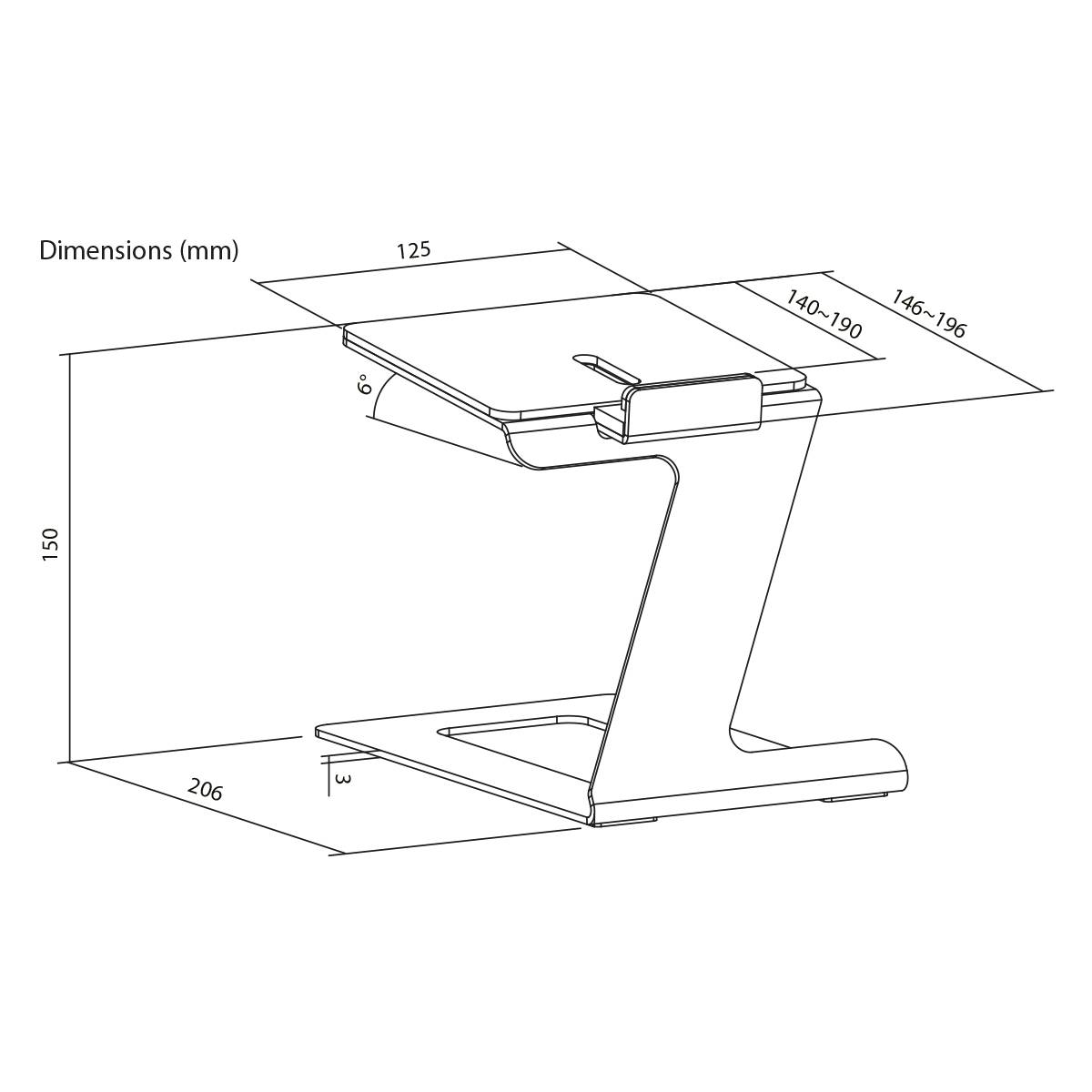 Technical drawing of a table with dimensions in millimetres: Height 150, Width 206, Depth 125. Adjustable width 140-190.
