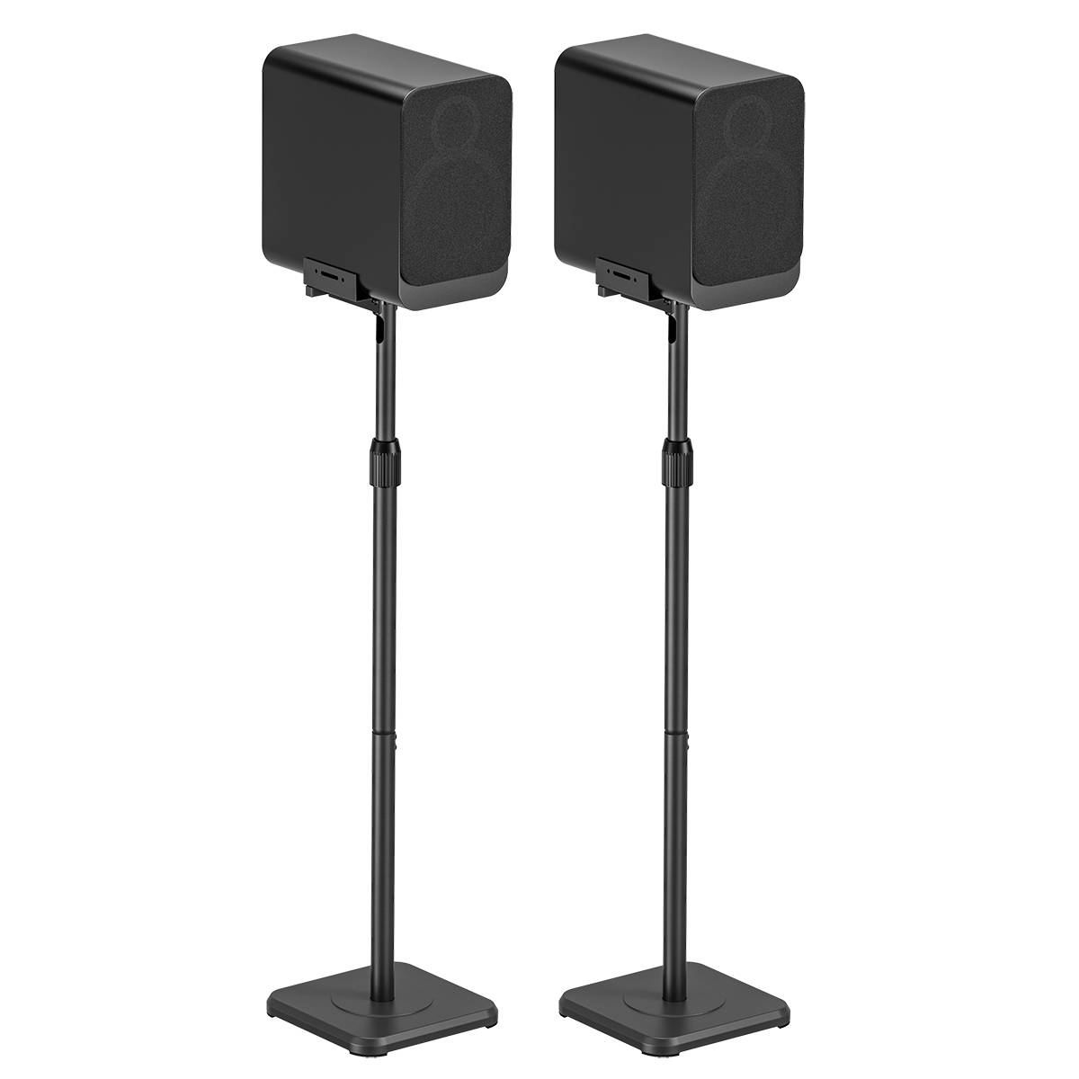Two black speakers on stands, symmetrically positioned side by side. Ideal for home cinema or music sound reproduction.