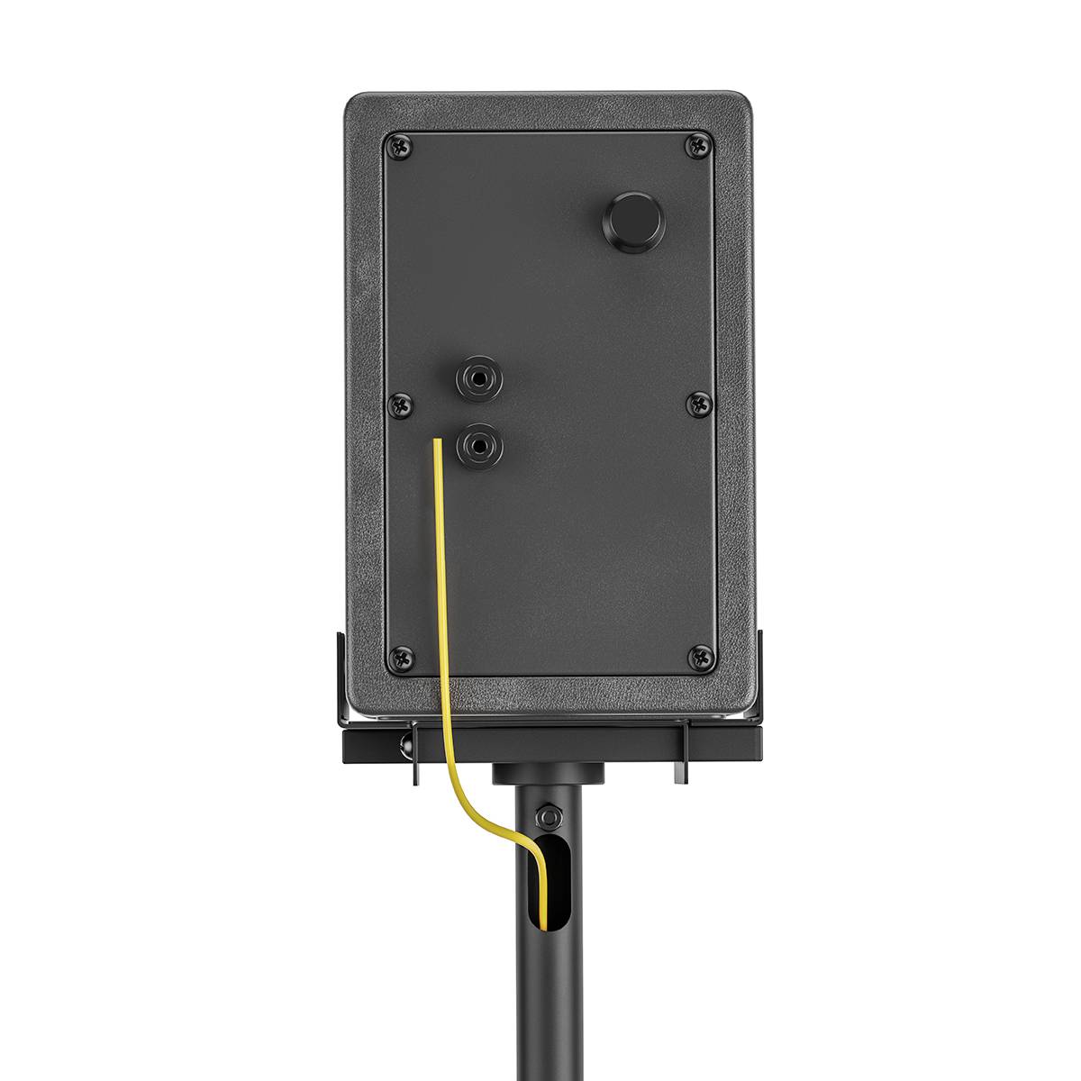 The rear view of a rectangular box with two buttons and a yellow cable, mounted on a stand.