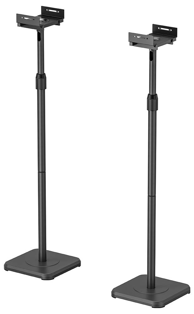 Two black metal speaker stands with adjustable height, suitable for small speakers, mounted on square bases.