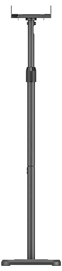 A black, height-adjustable stand with a rectangular base. At the top, there is a mounting bracket for technical equipment.