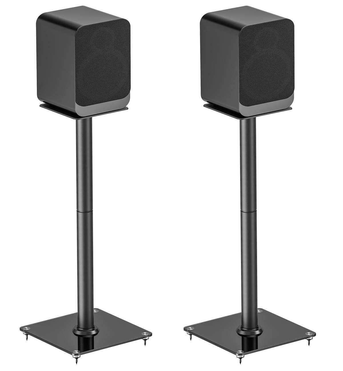 Two black speakers on tall, slender stands, positioned side by side. Ideal for a stylish home cinema system.