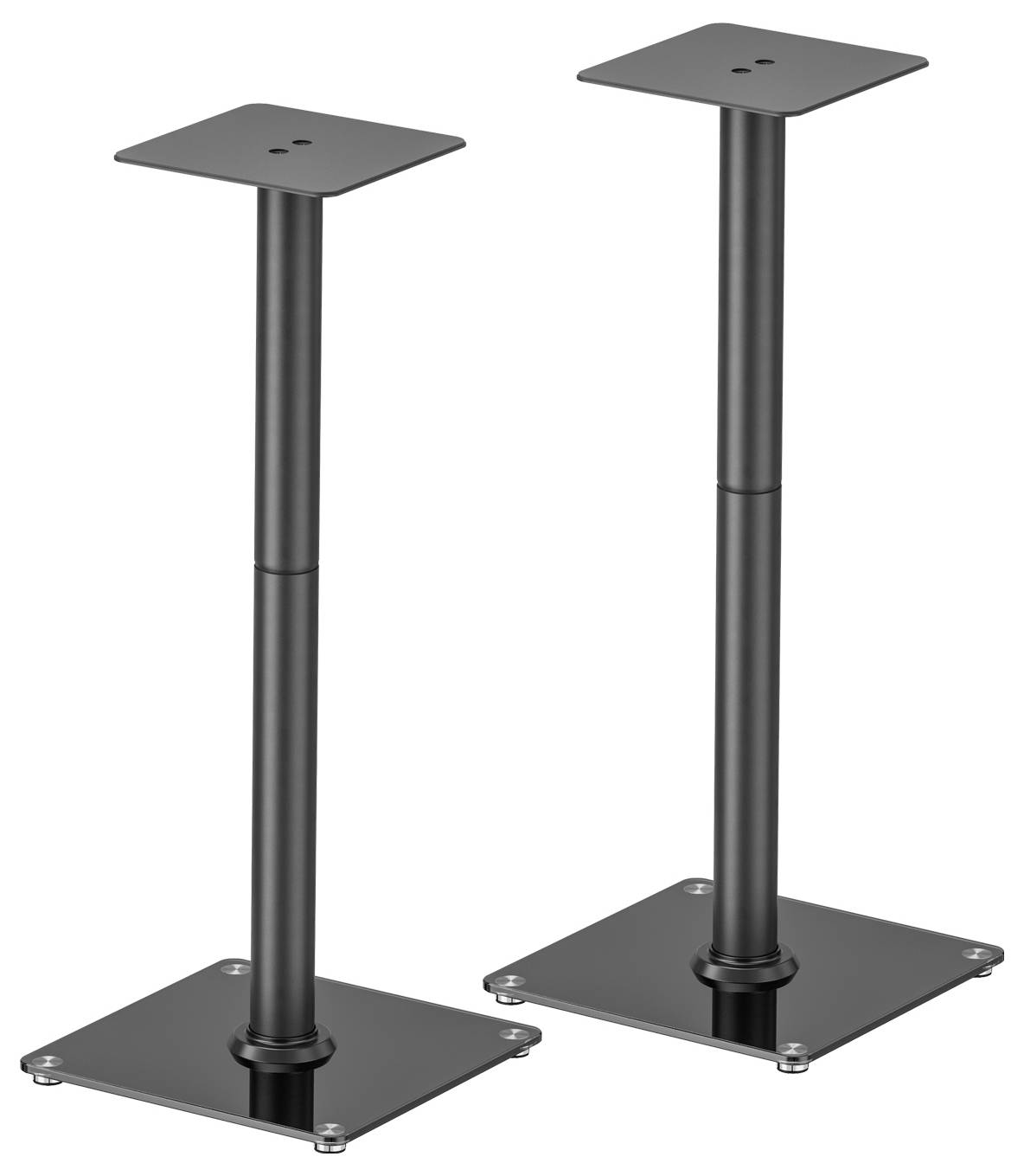 Two black speaker stands with square bases, suitable for positioning speakers at an appropriate height for improved acoustics.