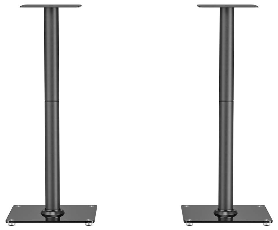 Two black speaker stands with rectangular bases and upper plates, suitable for positioning speakers in a room.