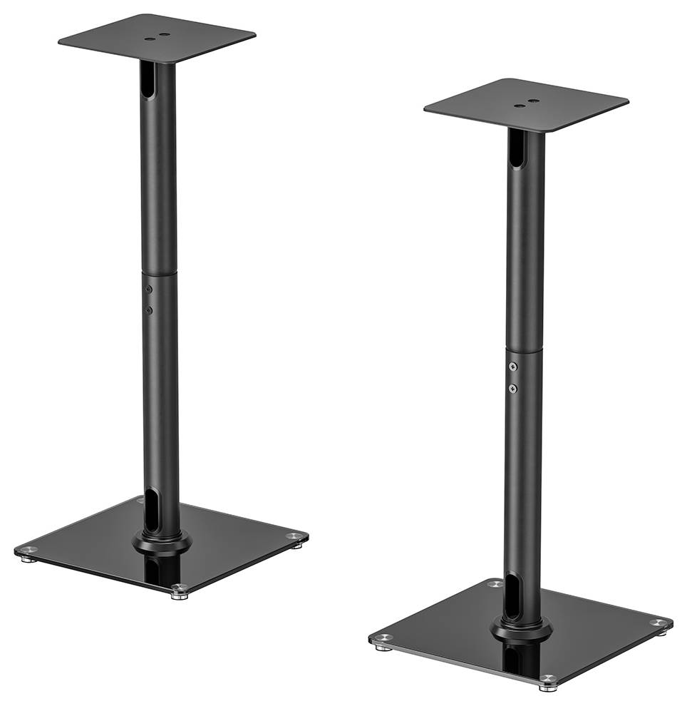 Two black metal speaker stands, height-adjustable, with square bases and platforms, suitable for studio monitors.