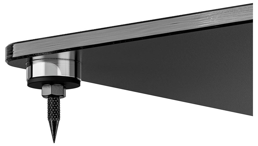 Close-up of an adjustable table leg with a metal tip and fixing screw.